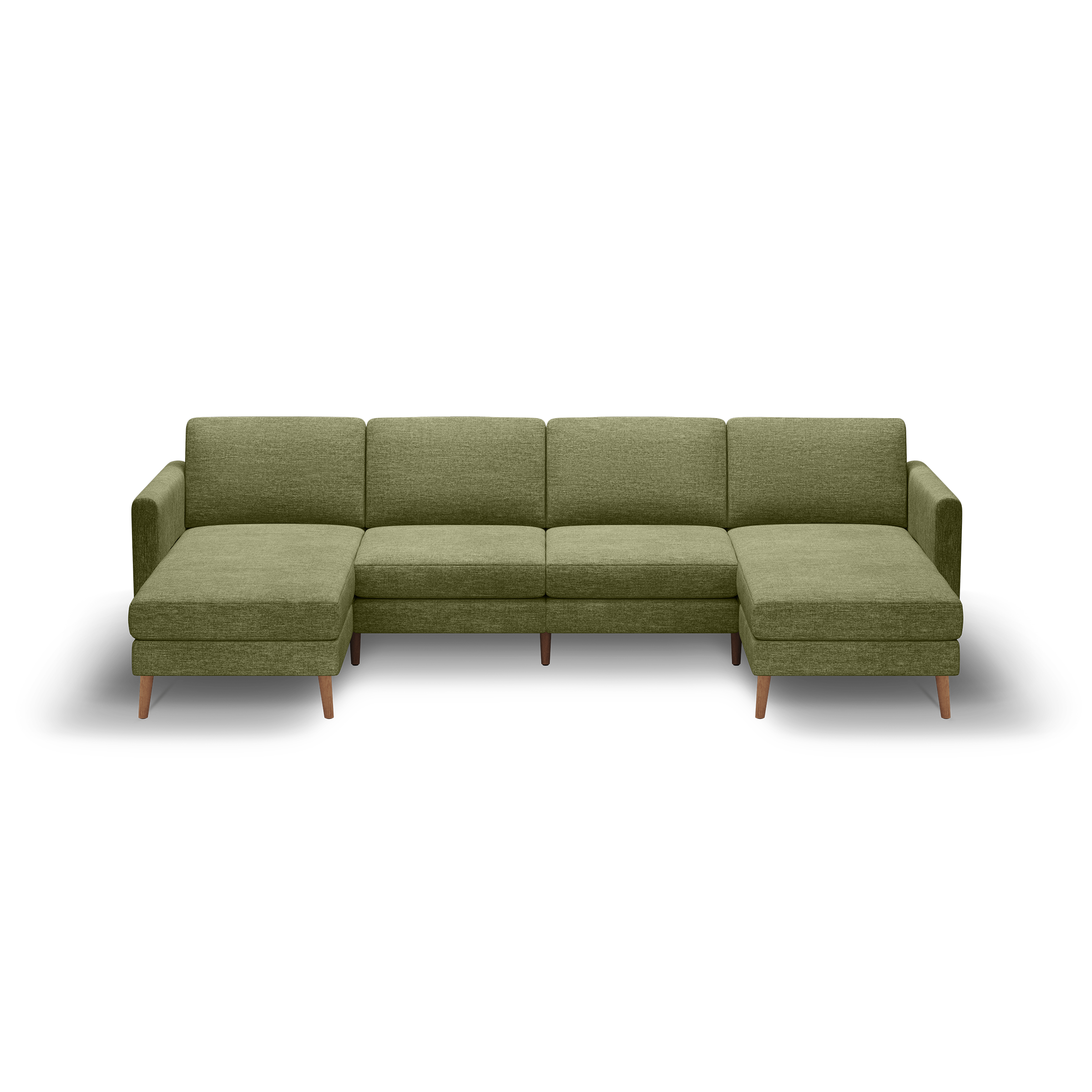 Olive green modern sectional sofa with wooden legs, featuring left and right chaise lounges for extra seating.