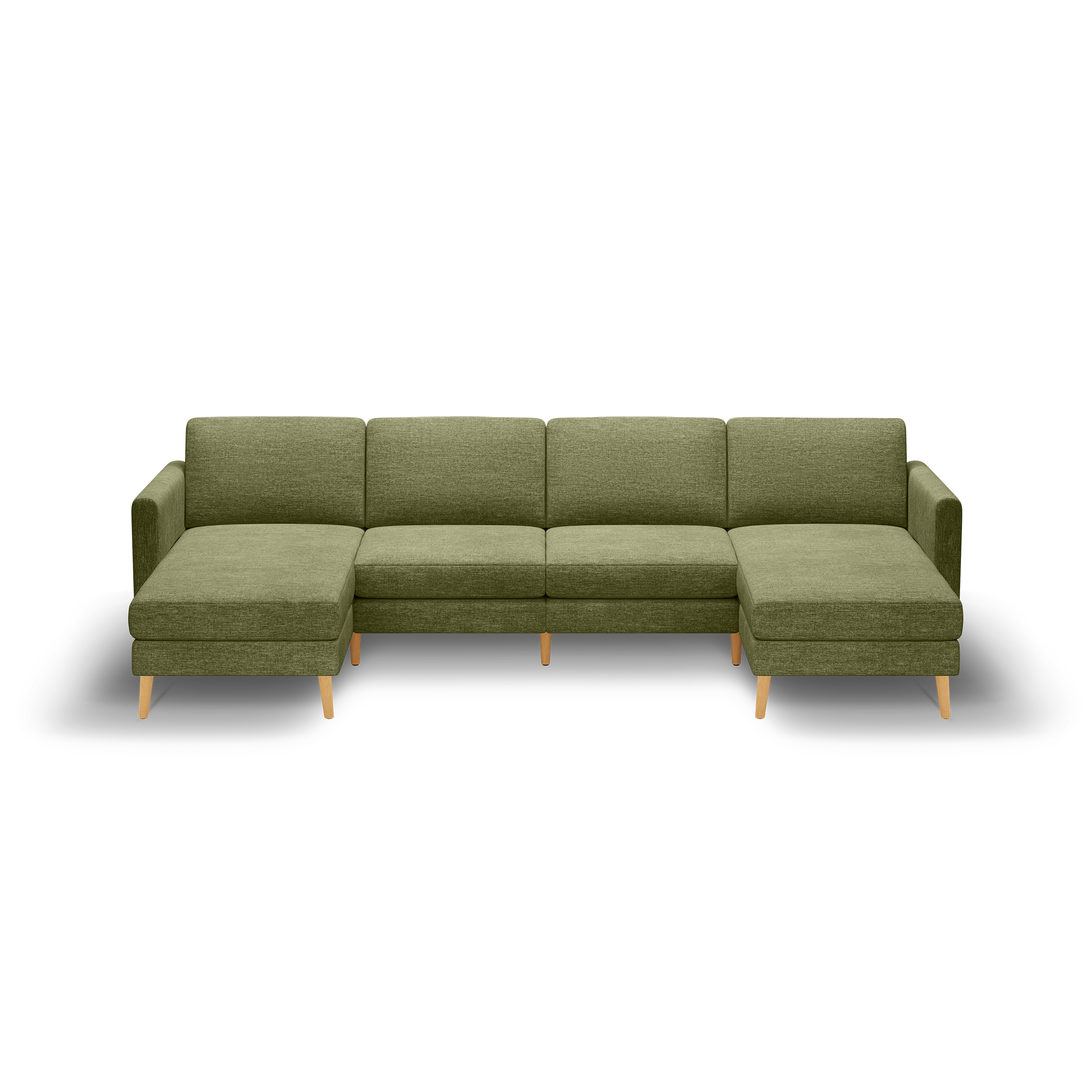 Green upholstered U-shaped sectional sofa with wooden legs, featuring armrests on both ends and cushioned seats and backs.