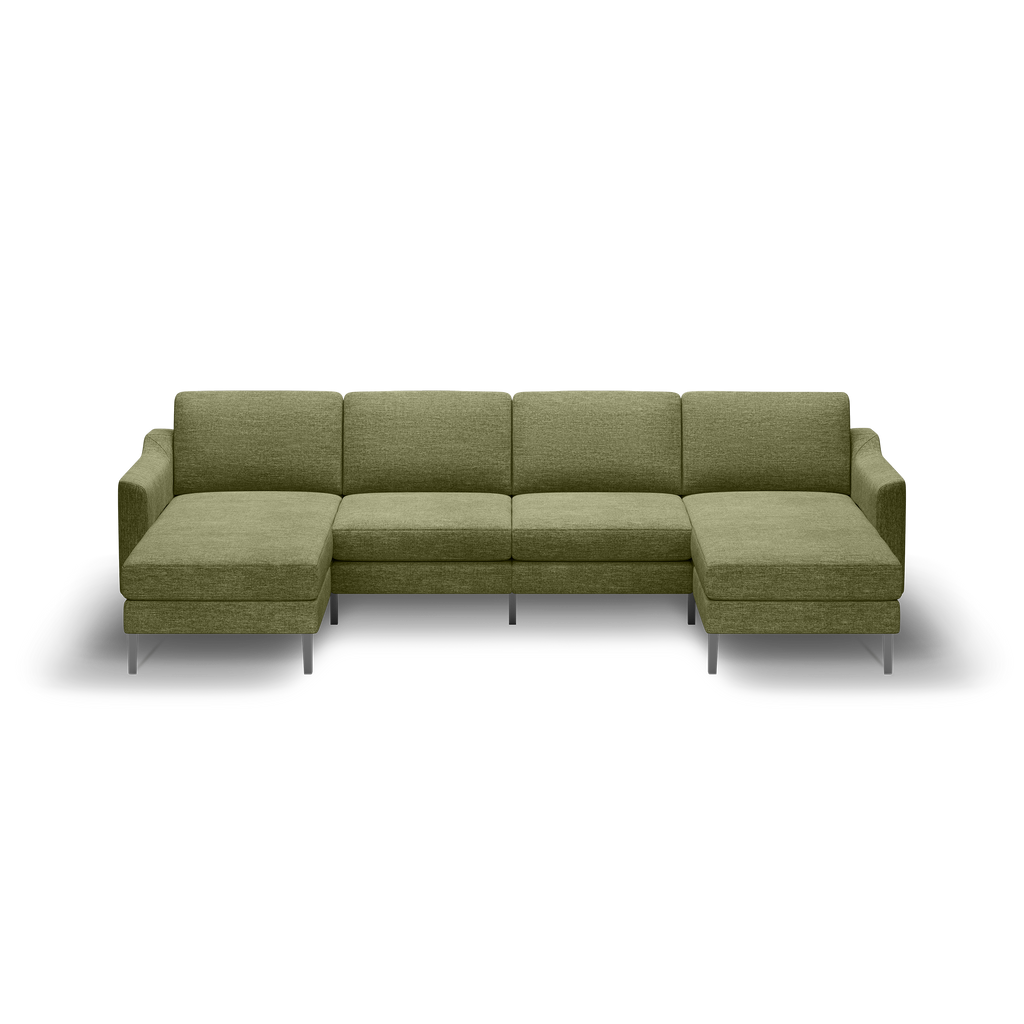 Olive green modern sectional sofa with left and right chaise, straight arms, and metal legs on a black background.