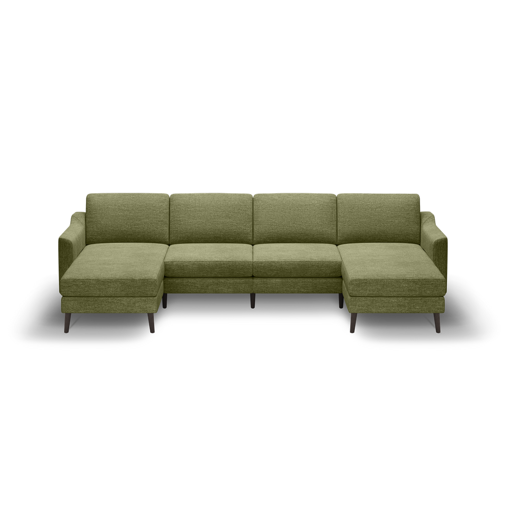 Olive green fabric sectional sofa with left chaise, right chaise, and tapered dark wooden legs on black background.
