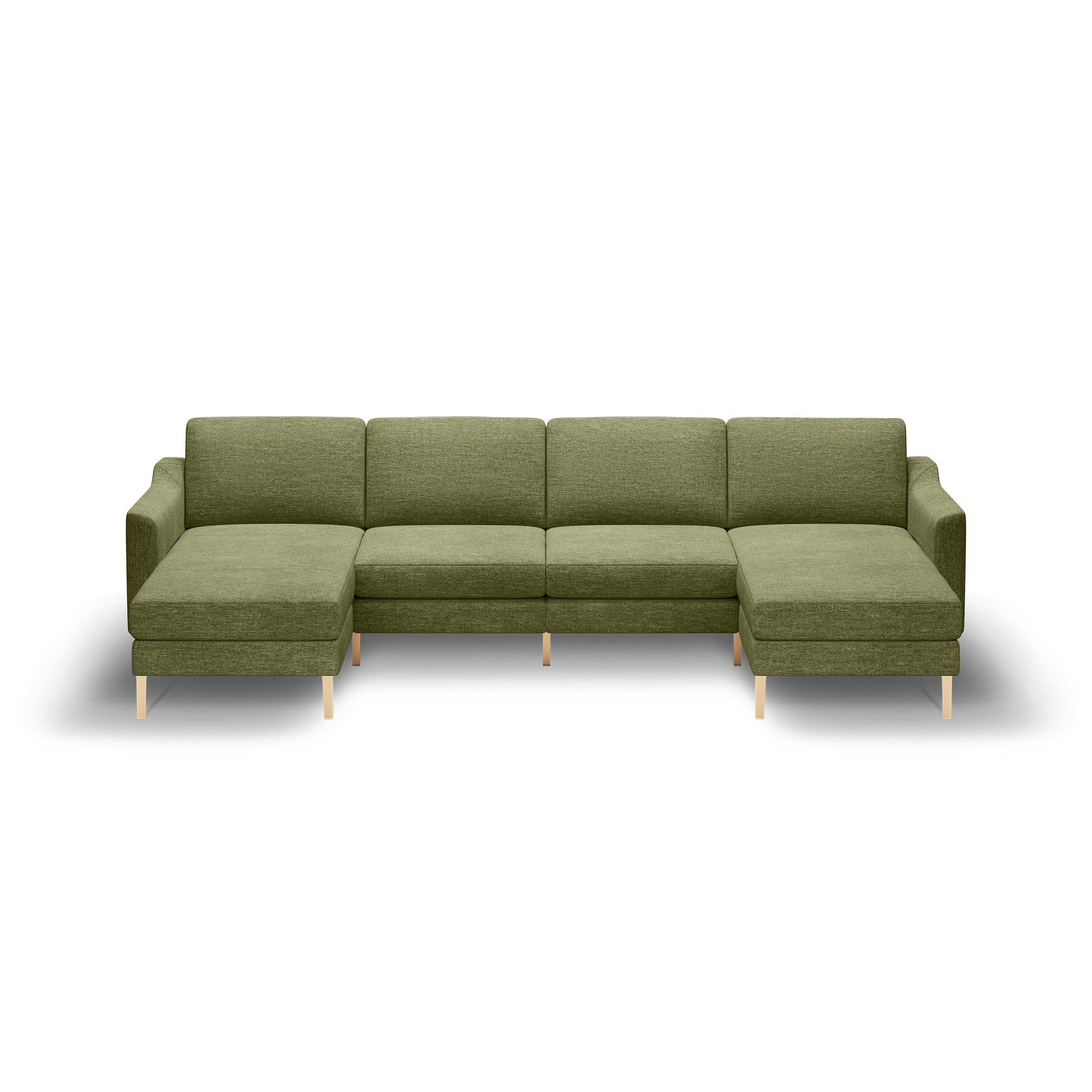 Large olive green sectional sofa with wooden legs, featuring two chaise lounges on each end and firm cushions.