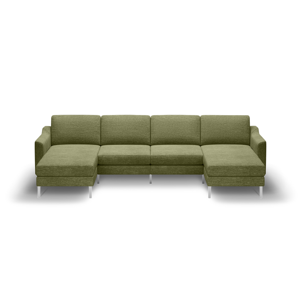 Olive green modern L-shaped sectional sofa with clean lines, plush cushions, and metal legs, isolated on black background.