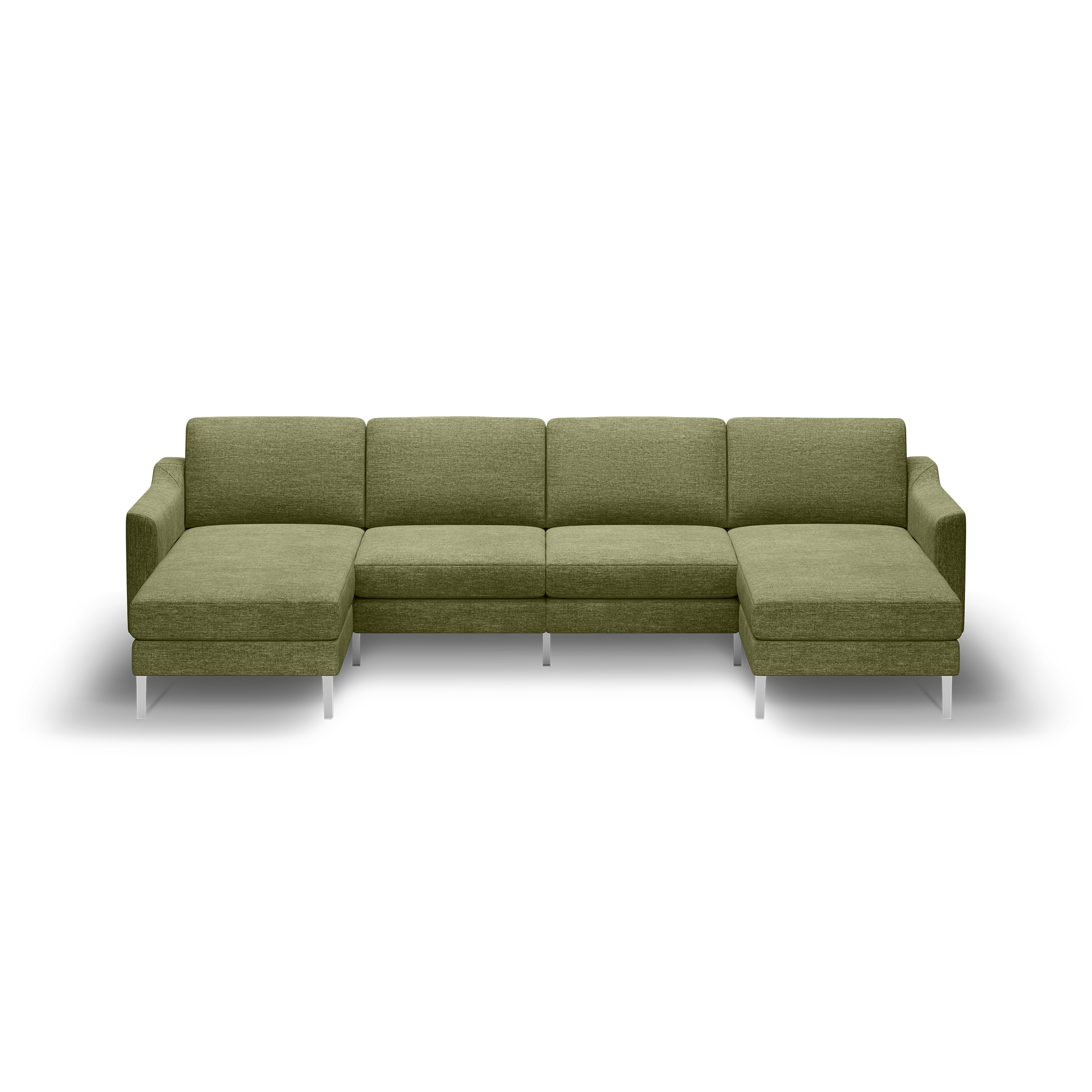 Olive green modern L-shaped sectional sofa with clean lines, plush cushions, and metal legs, isolated on black background.