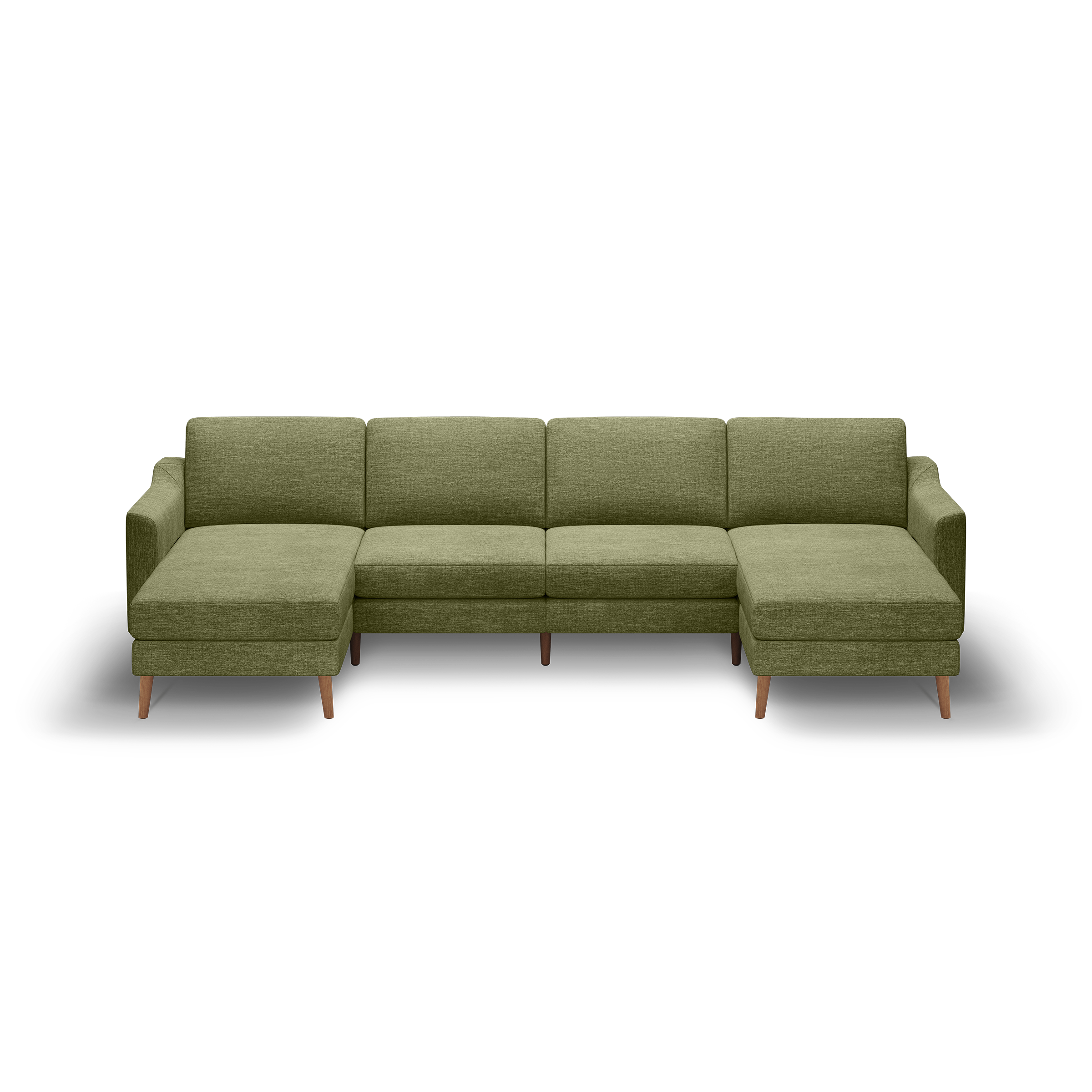 Olive green fabric sectional sofa with left and right chaise lounges and wooden legs on black background.