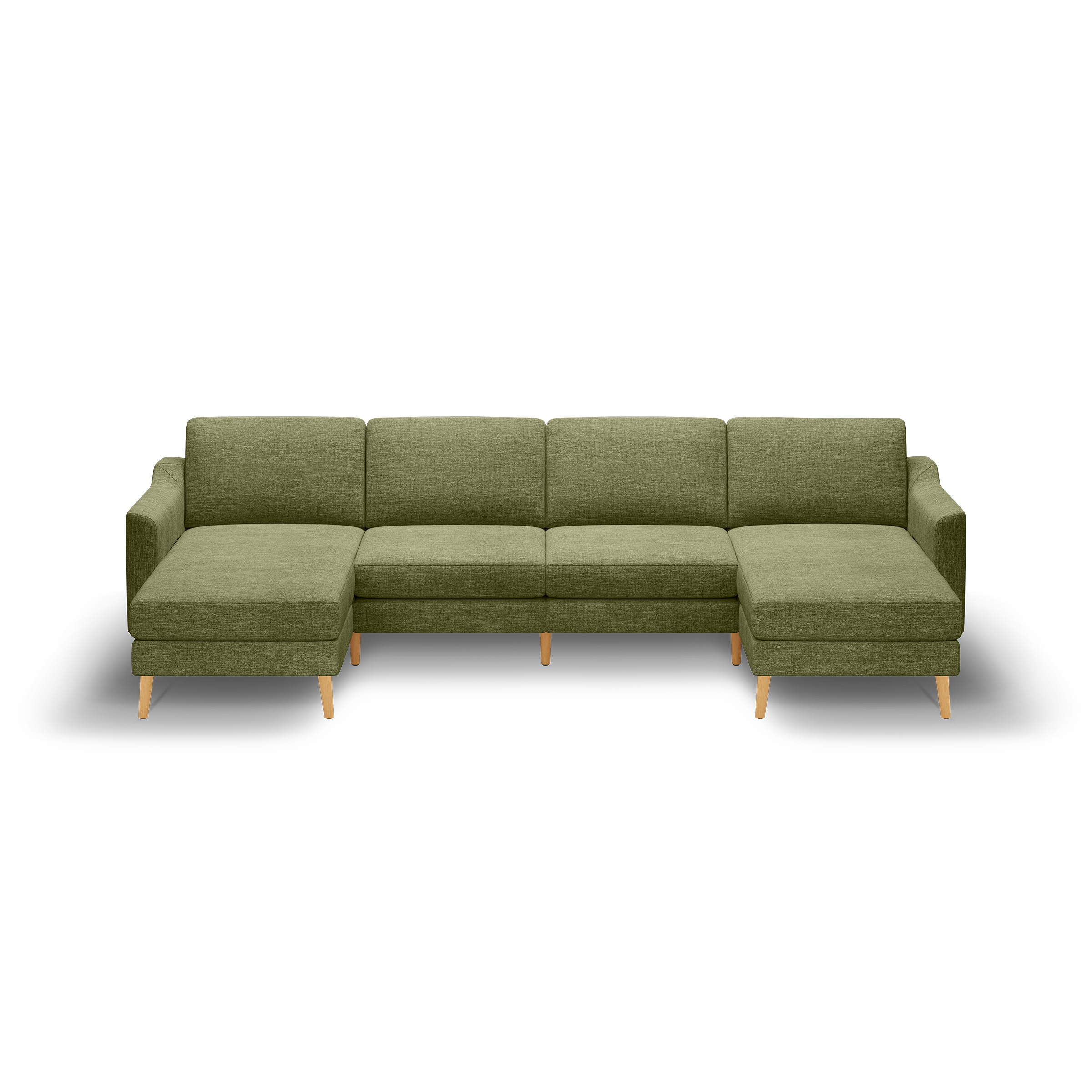 Olive green fabric sectional sofa with left and right chaise lounges, wooden legs, and clean modern design against black background.