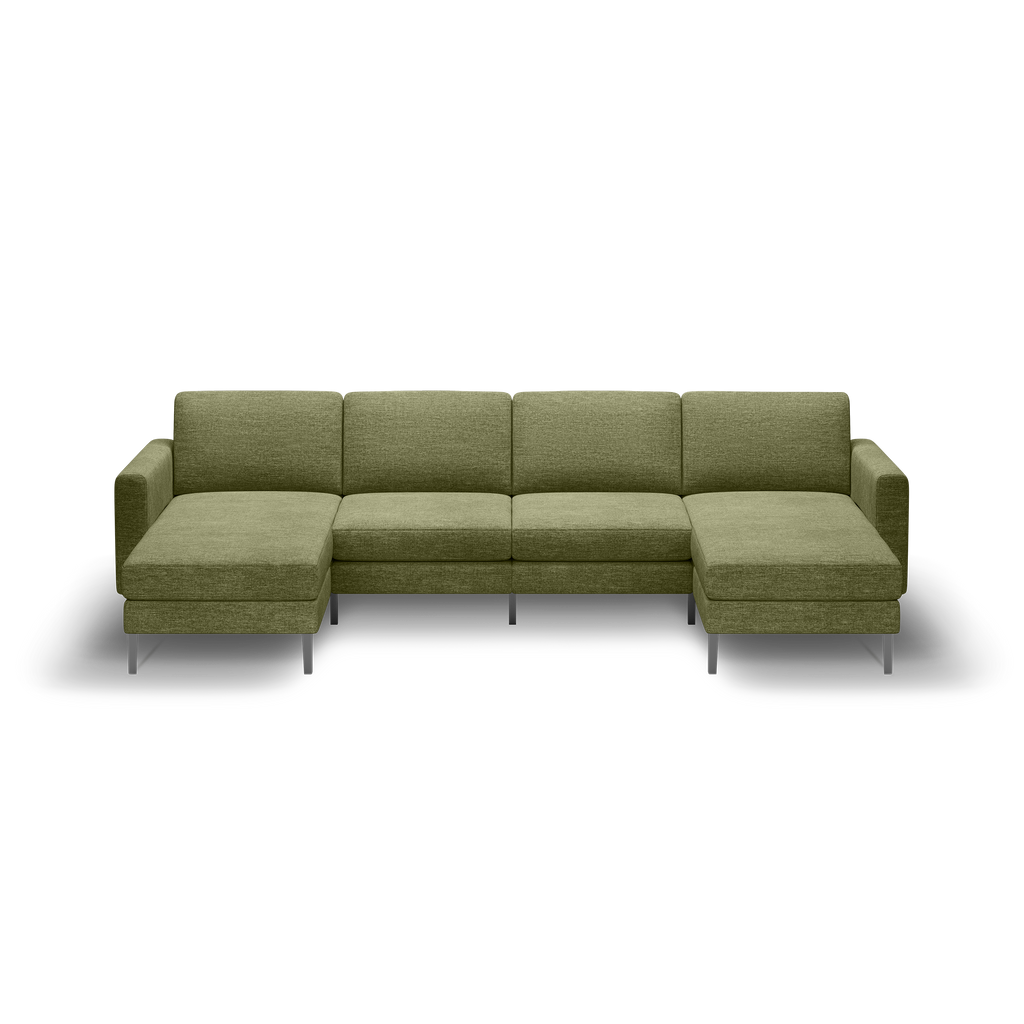 Modern olive green fabric sectional sofa with clean lines, padded armrests, and metal legs, featuring left and right chaise lounges.