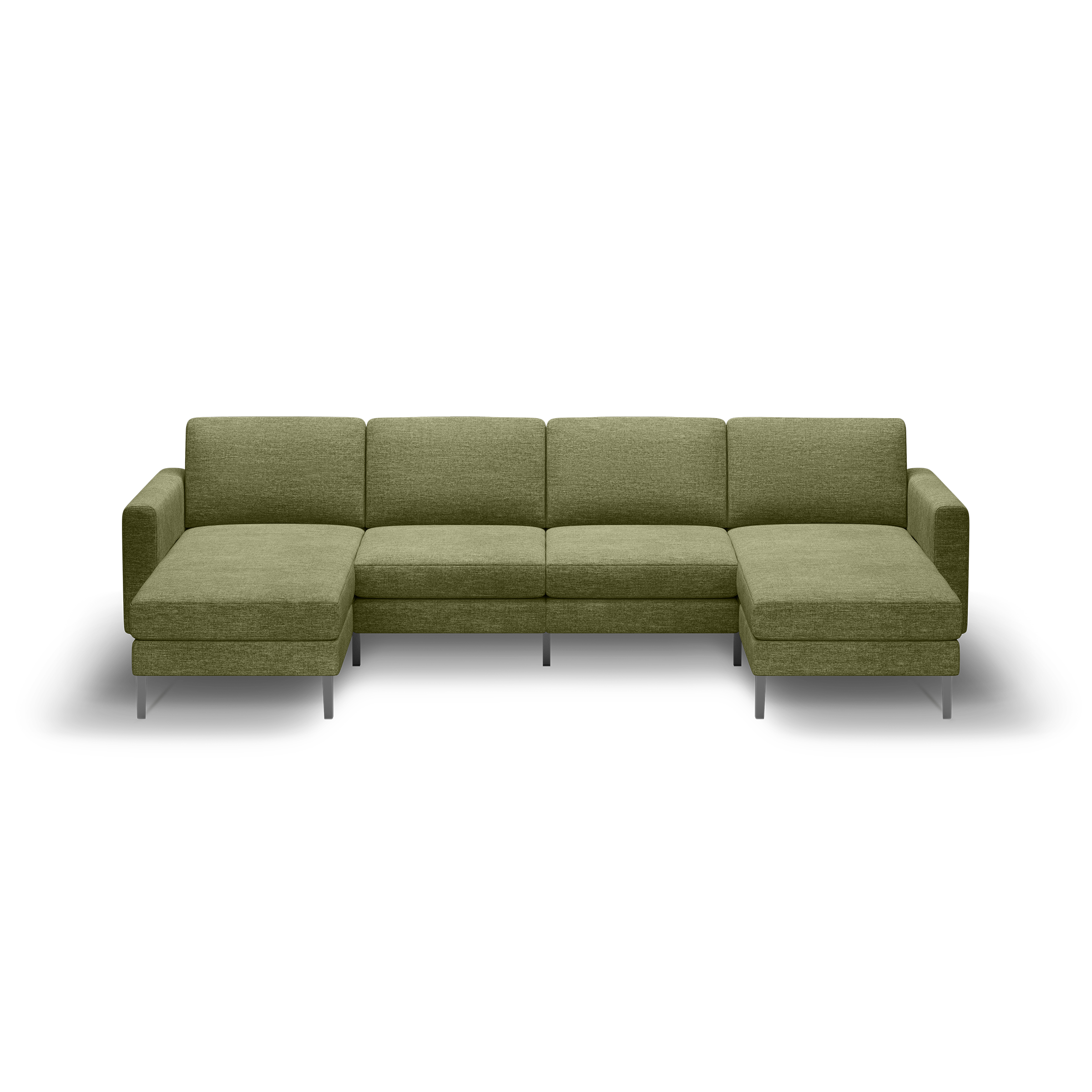 Modern olive green fabric sectional sofa with clean lines, padded armrests, and metal legs, featuring left and right chaise lounges.