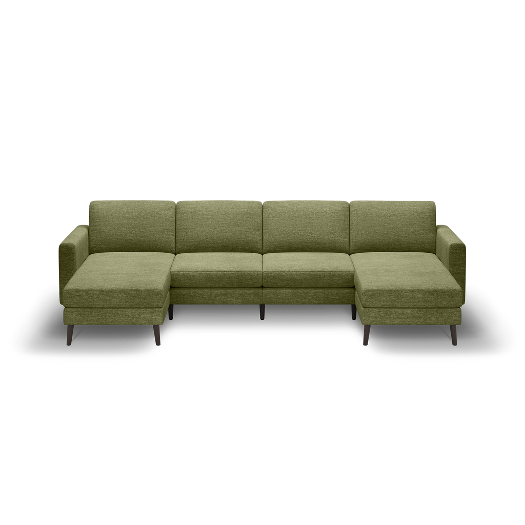 Modern green fabric sectional sofa with left and right chaise lounges and wooden legs, designed for spacious seating.