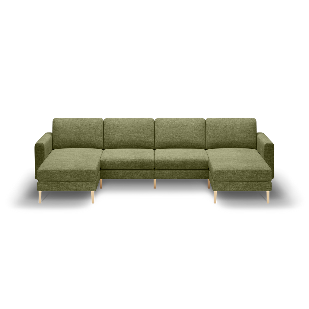 Modern olive green sectional sofa with chaise lounges on both ends, wooden legs, and clean, straight lines.
