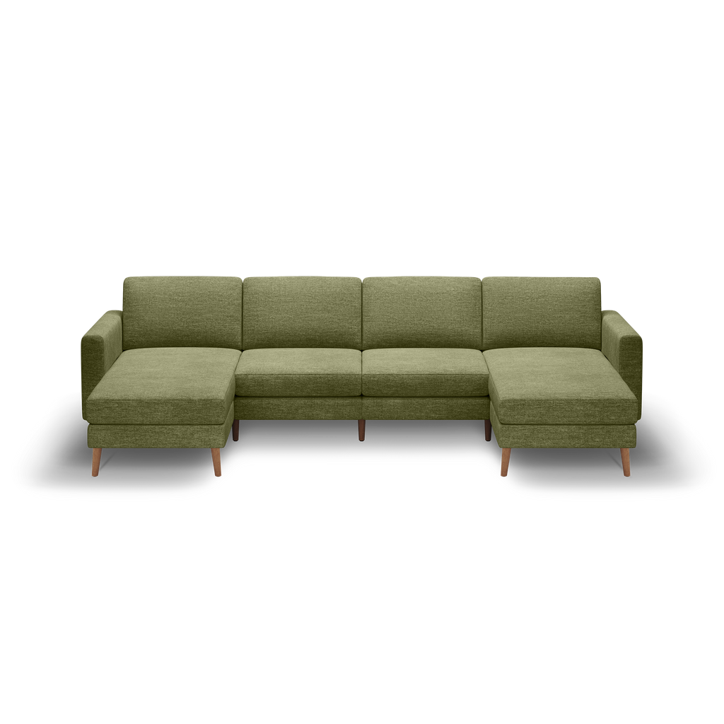 Modern olive green fabric sectional sofa with left and right chaise lounges, wooden legs, and a minimalist design on black background.