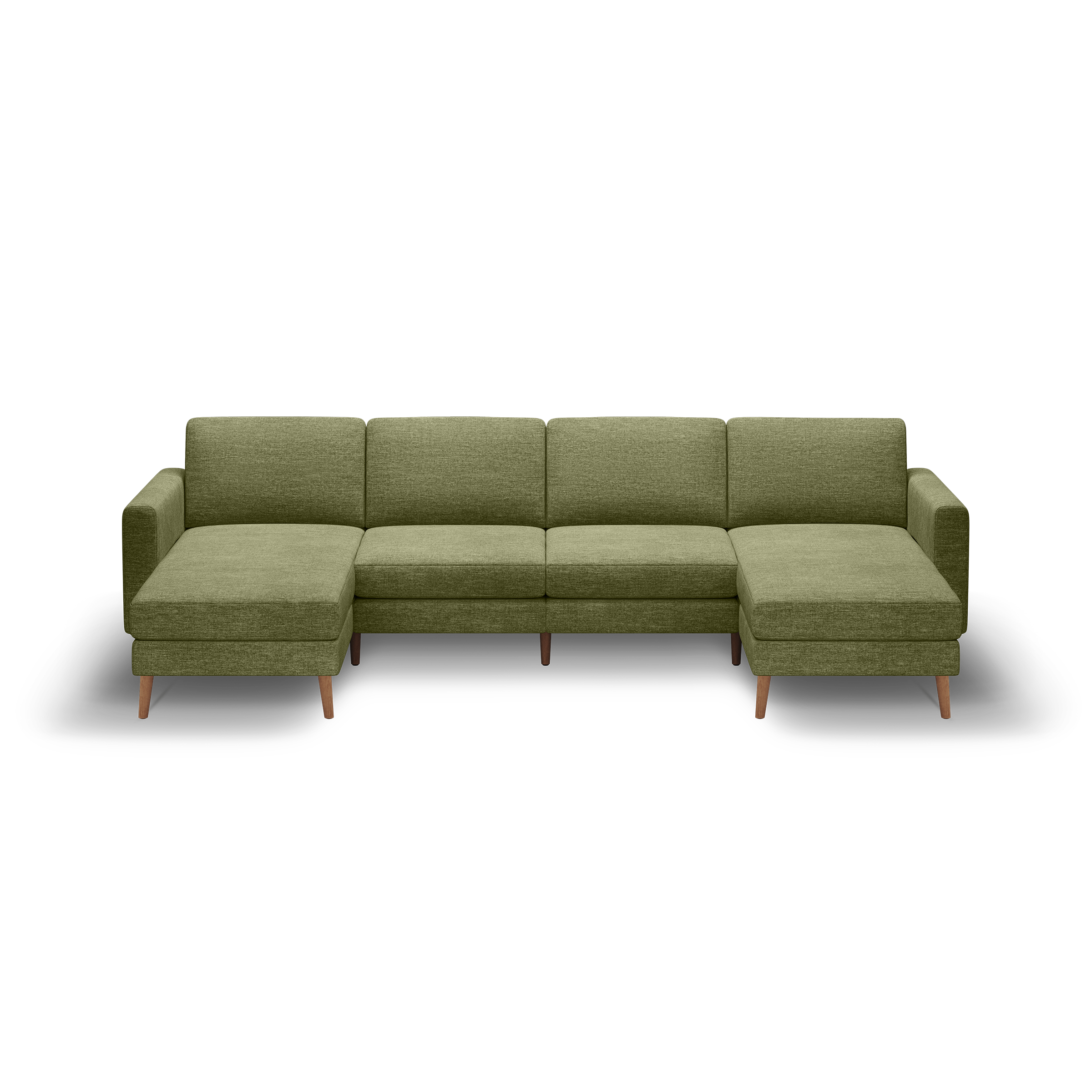 Modern olive green fabric sectional sofa with left and right chaise lounges, wooden legs, and a minimalist design on black background.
