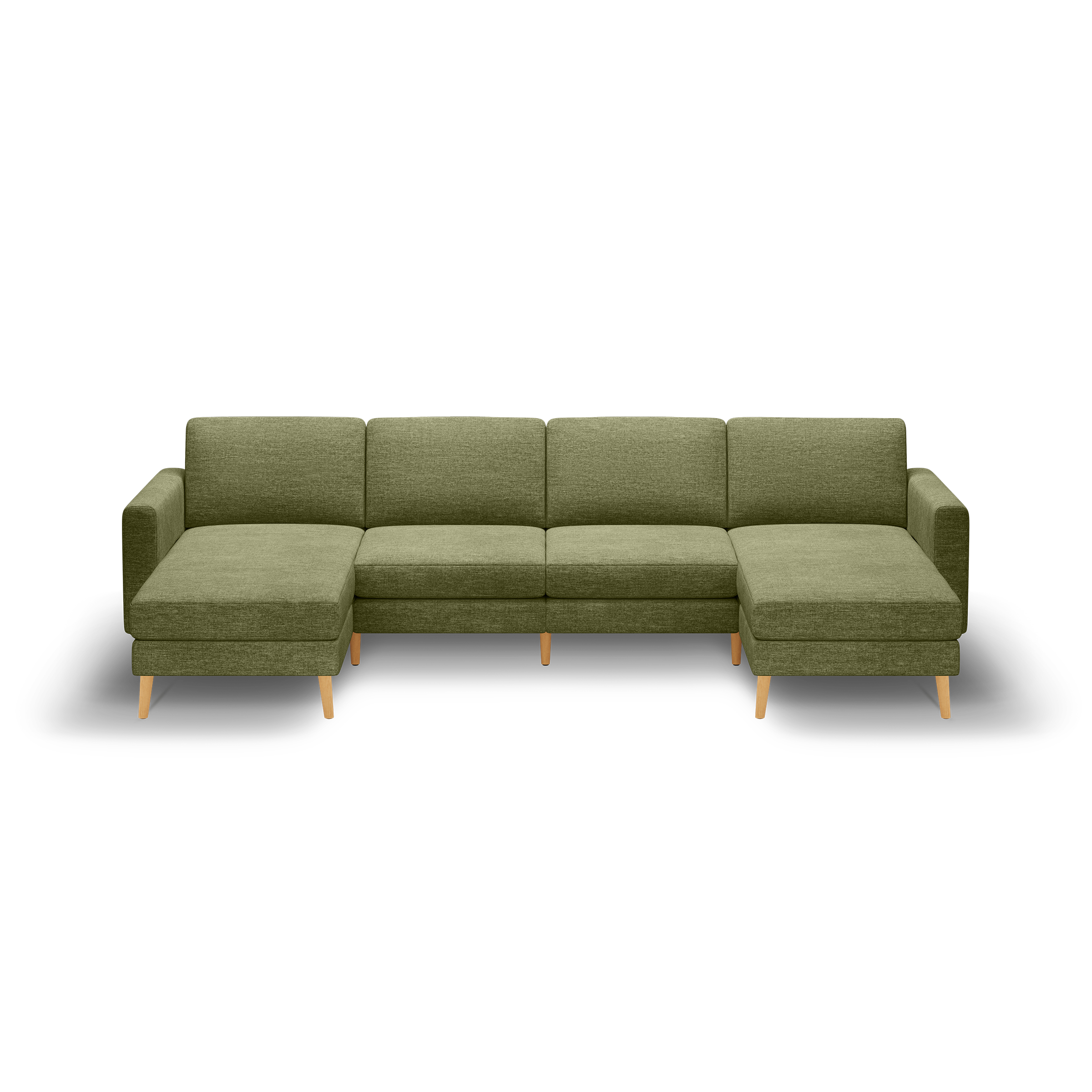 Olive green modern sectional sofa with wooden legs, featuring two chaise lounges on both ends and cushioned backrests.