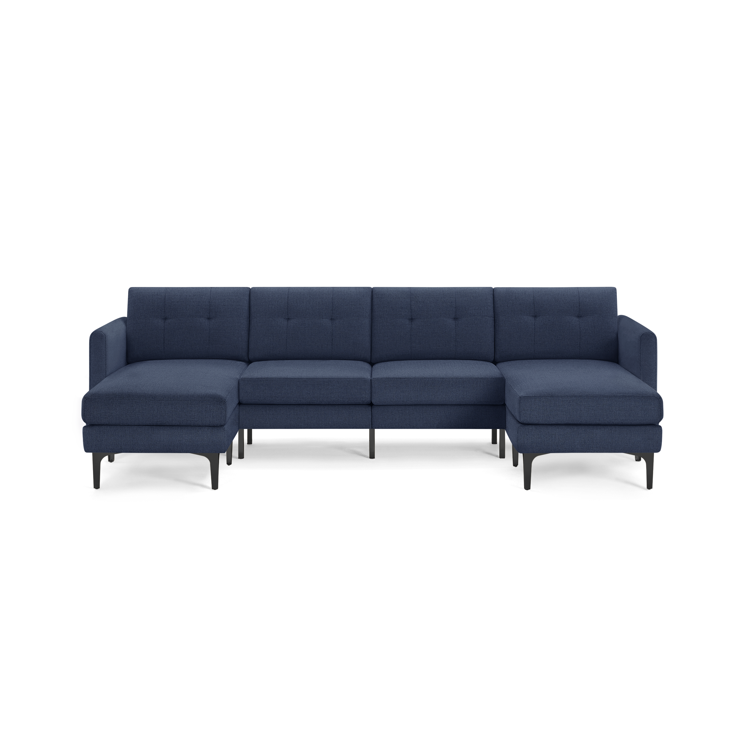 Modern navy blue fabric sectional sofa with button-tufted back cushions, low arms, and black metal legs, designed for spacious seating.