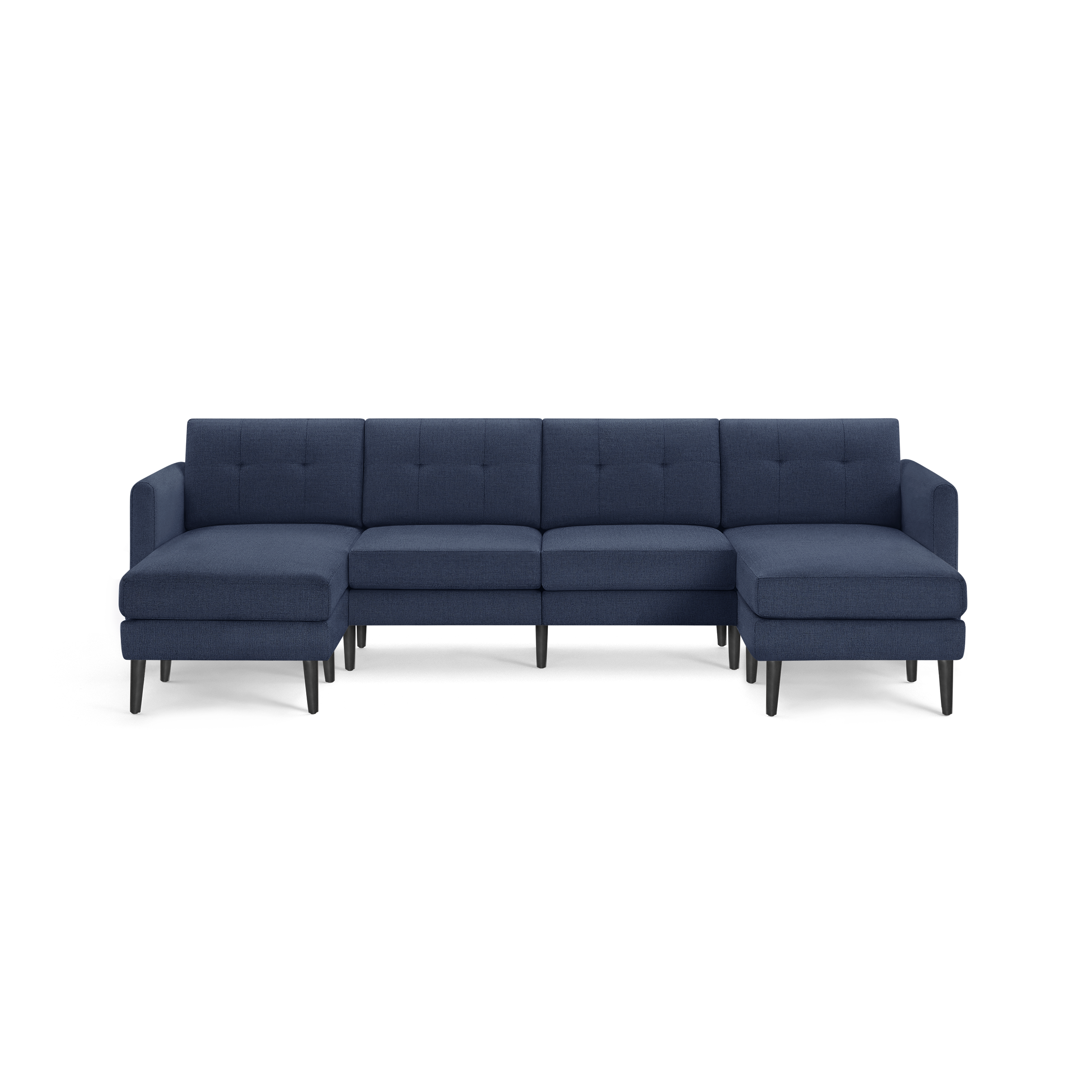 Modern navy blue fabric sectional sofa with chaise lounges on both ends, tufted back cushions, and black wooden legs.