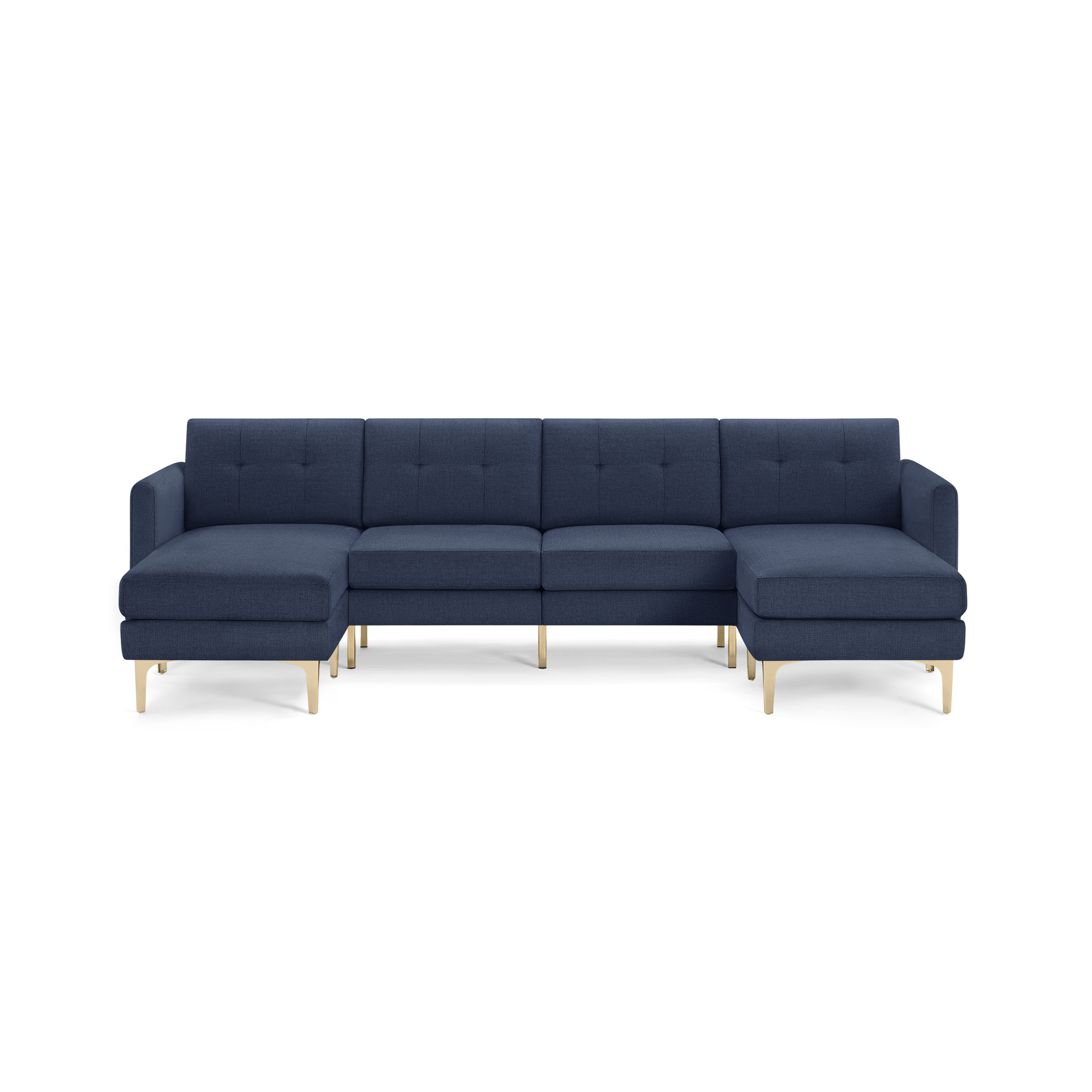 Modern navy blue sectional sofa with tufted cushions, clean lines, and light wooden legs, featuring left and right chaise ends.