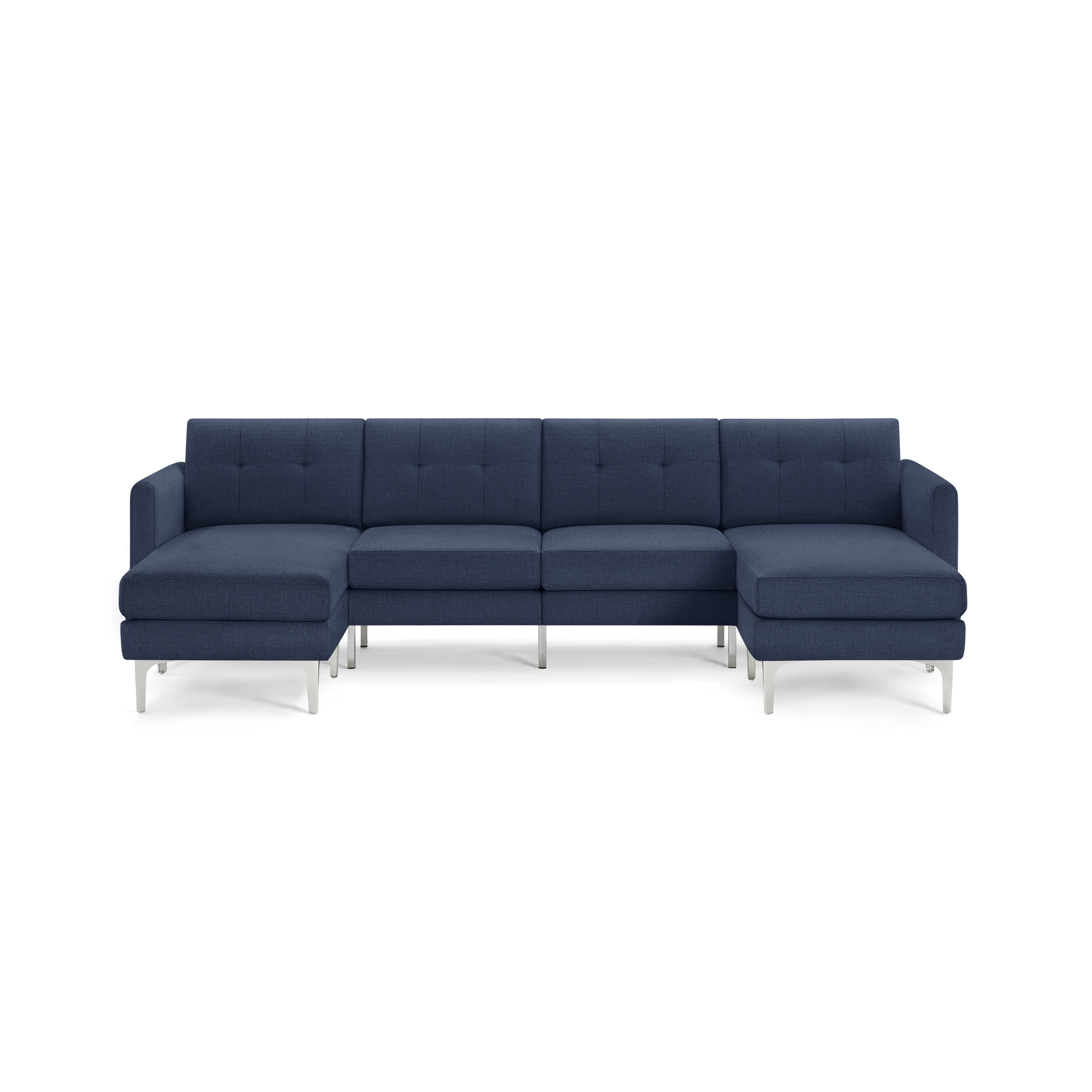 Modern navy blue sectional sofa with chaise lounges on both ends, tufted cushions, and sleek silver metal legs.