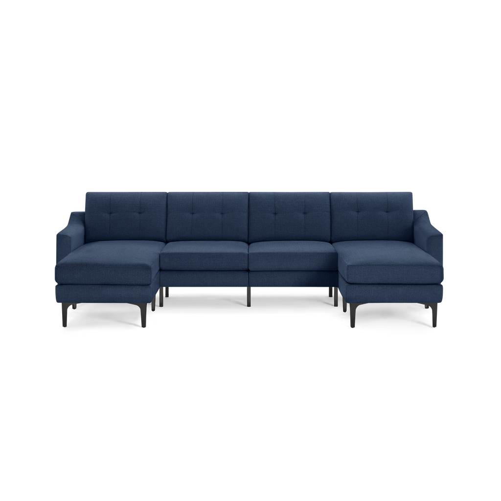 Modern navy blue fabric sectional sofa with tufted back cushions and black metal legs, featuring left and right chaise lounges.