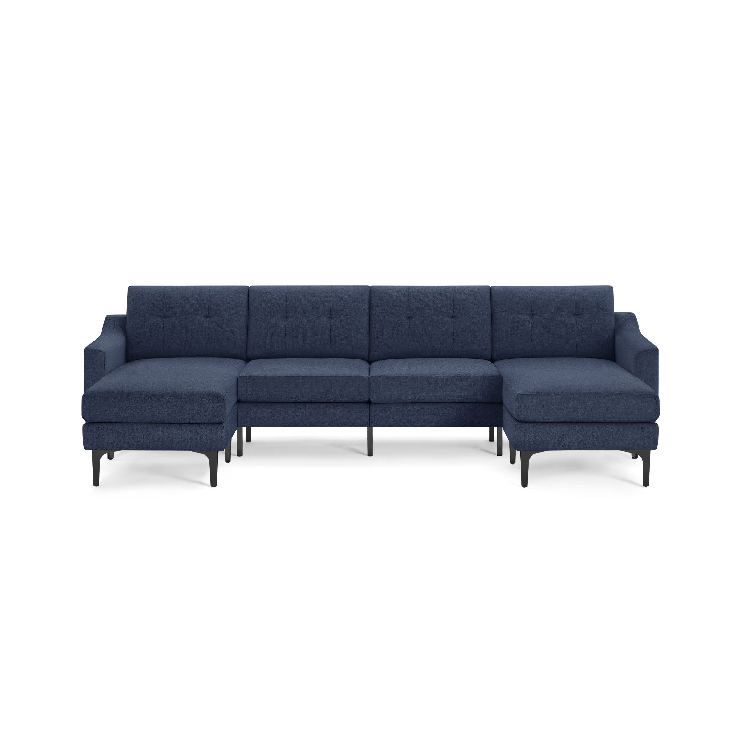 Modern navy blue fabric sectional sofa with tufted back cushions and black metal legs, featuring left and right chaise lounges.