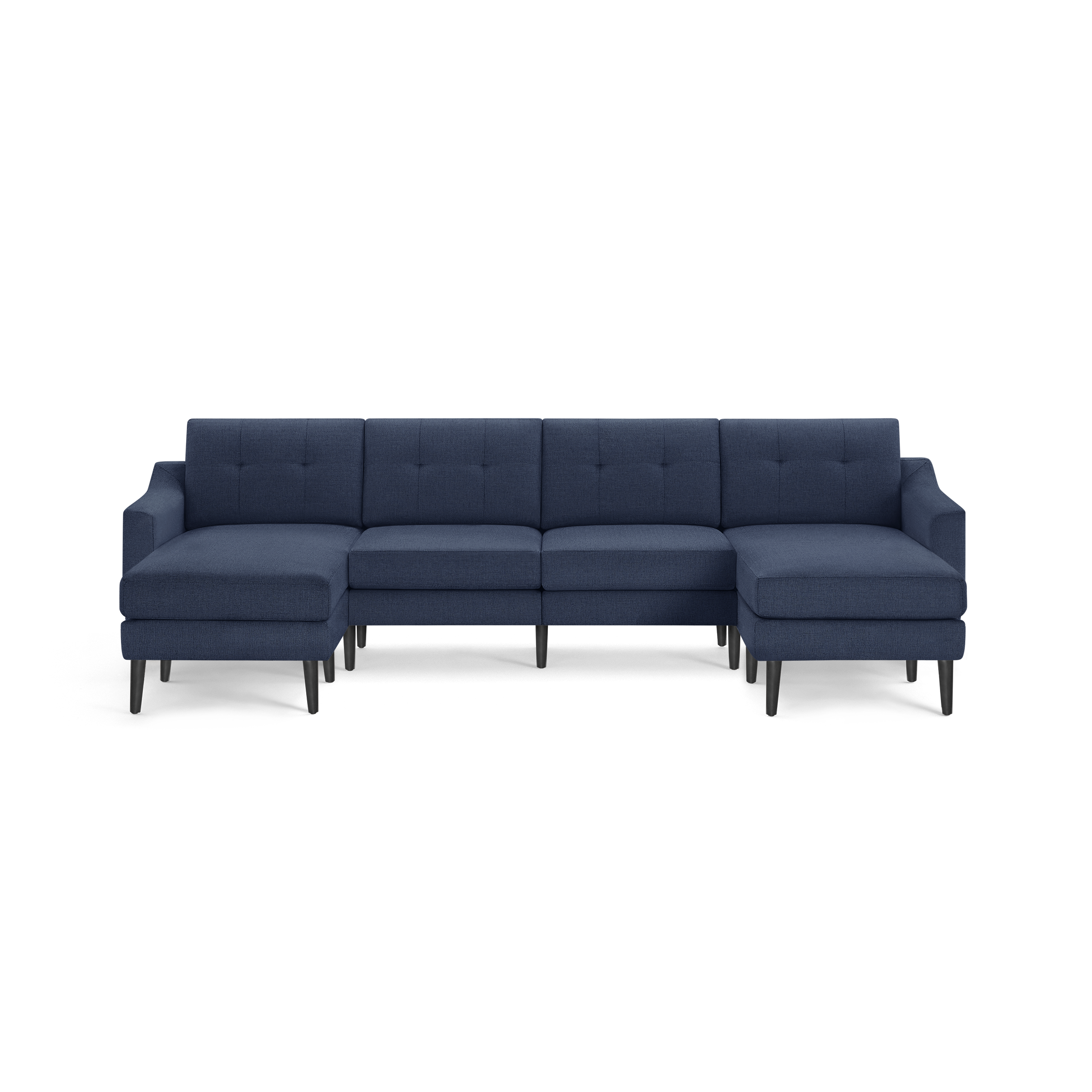 Modern navy blue sectional sofa with tufted back cushions, sleek armrests, and black tapered legs on both sides.