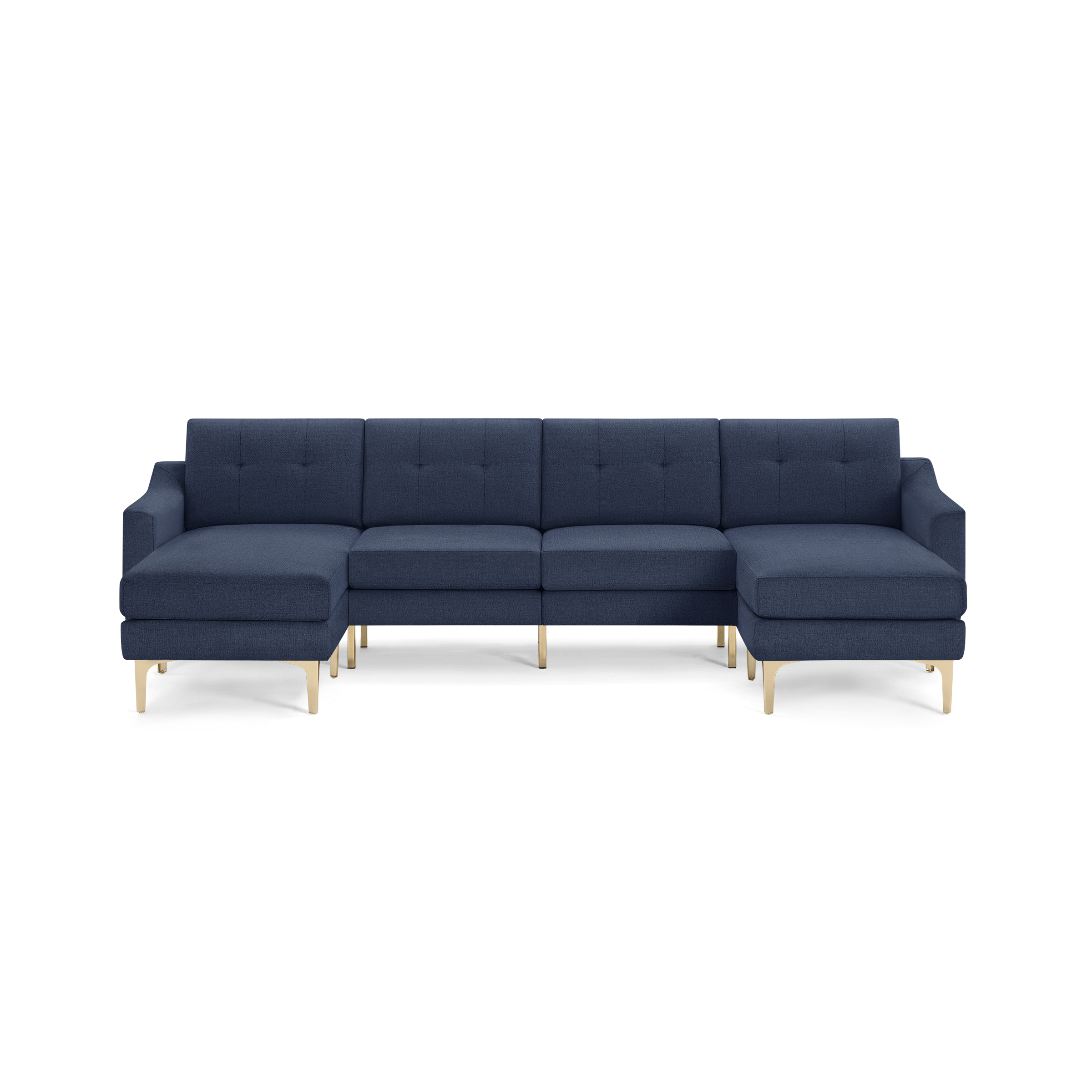 Modern navy blue fabric sectional sofa with tufted back cushions and sleek gold metal legs, featuring left and right chaise lounge extensions.
