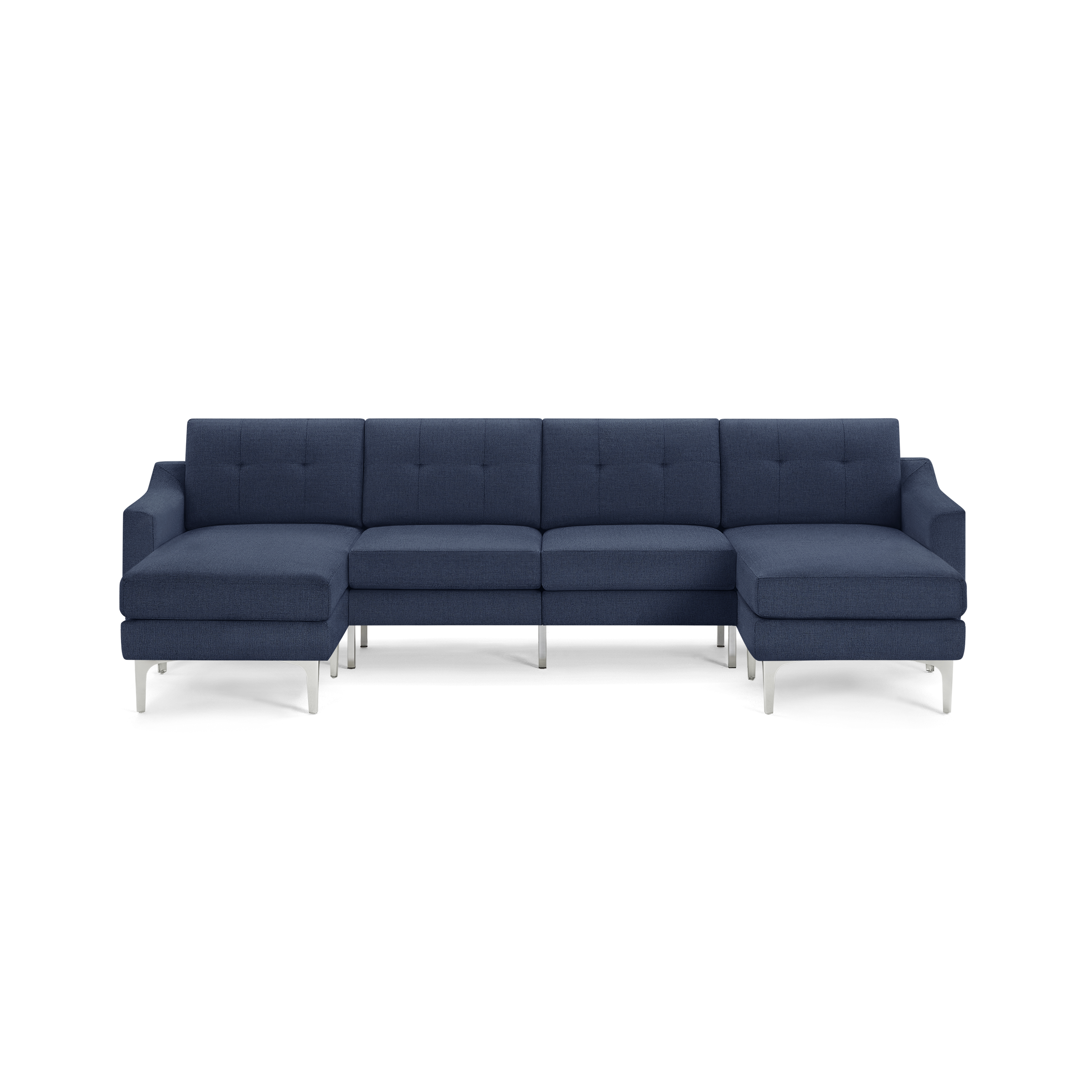 Large modern navy blue fabric sectional sofa with tufted cushions and slim silver metal legs, featuring left and right chaise lounges.