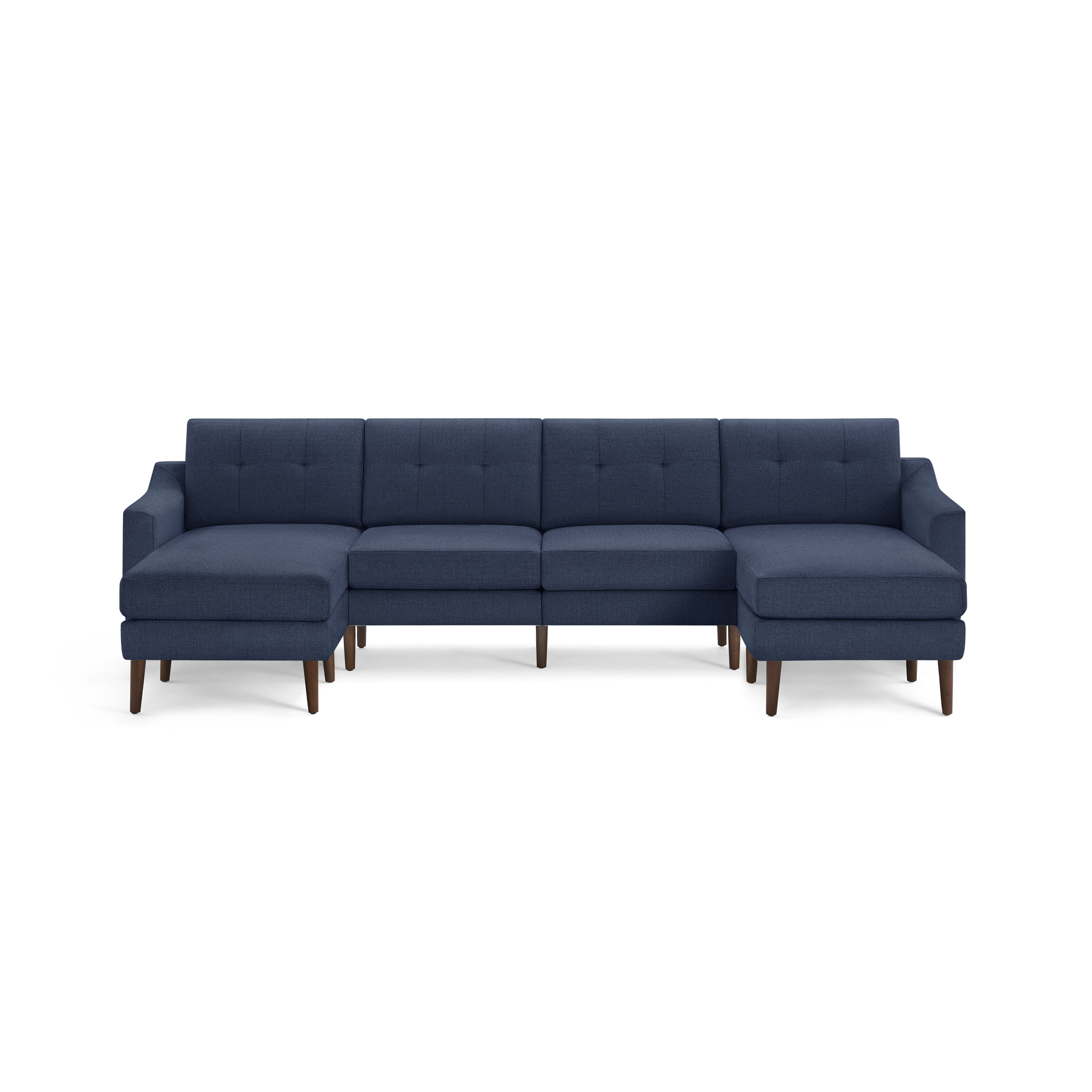 Modern navy blue fabric sectional sofa with tufted back cushions, wooden legs, and symmetrical chaise lounges on each end.