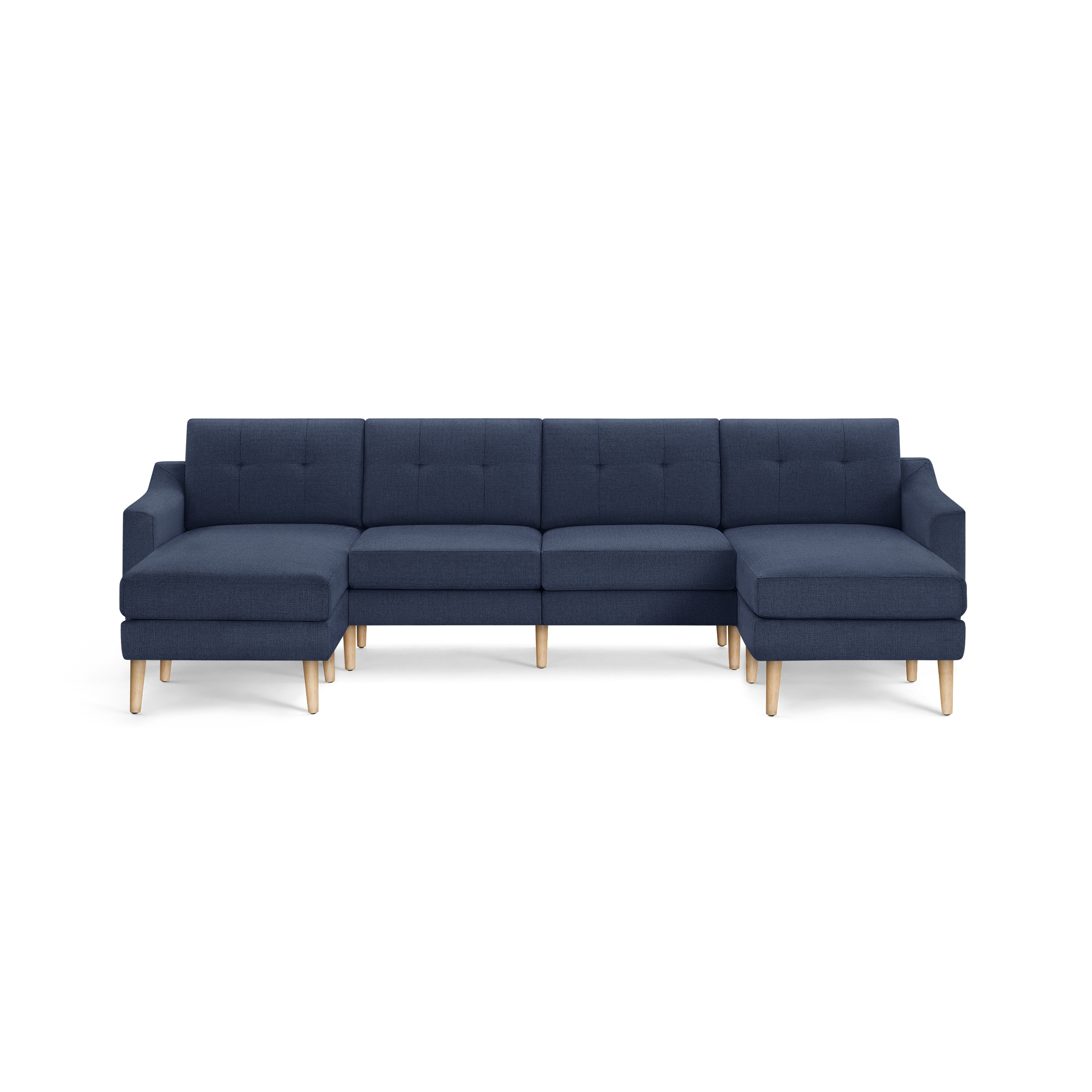 Modern navy blue sectional sofa with tufted back cushions, wooden legs, and L-shaped chaise ends on both sides.