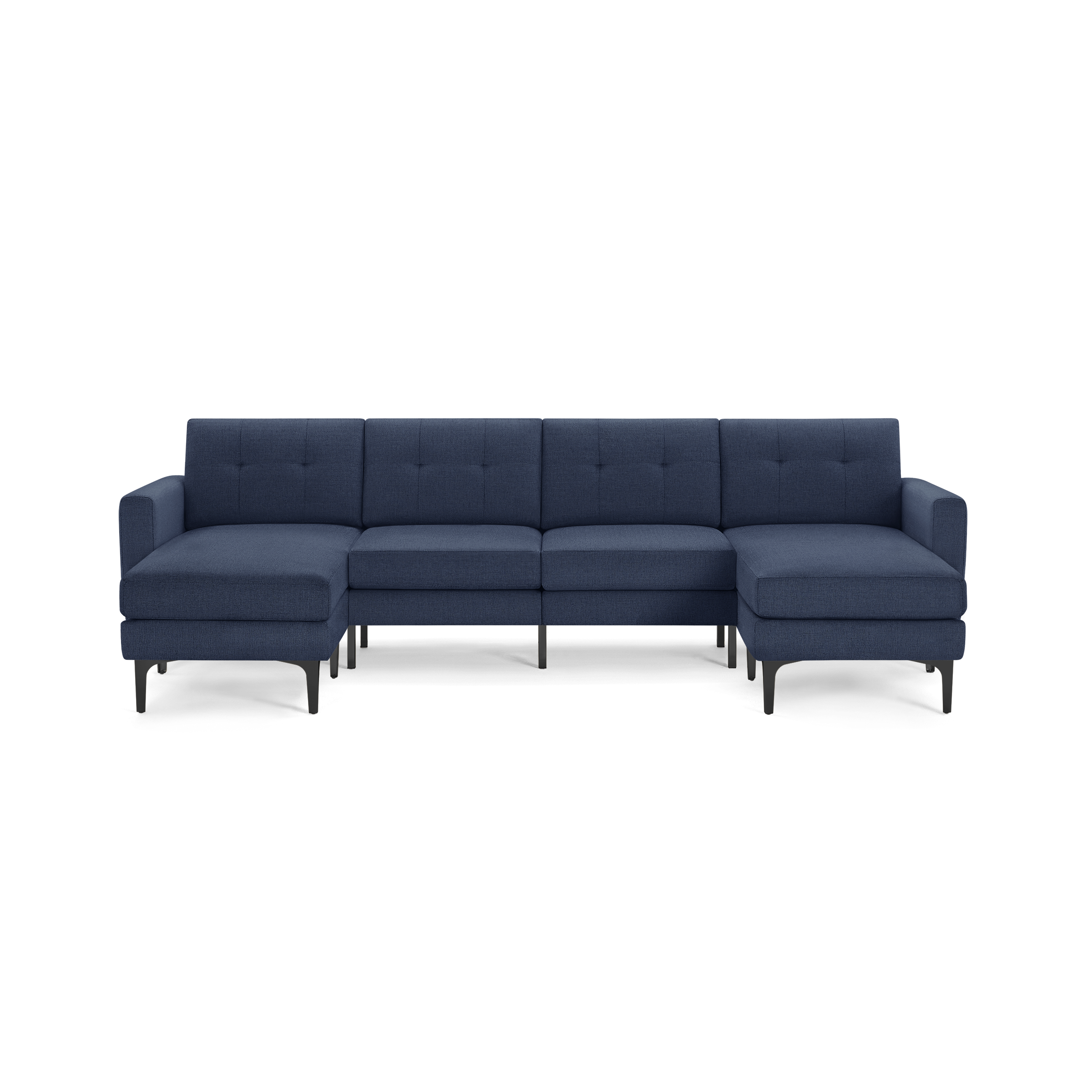 Modern L-shaped sectional sofa in dark blue fabric with tufted back cushions and black metal legs, offering spacious seating.