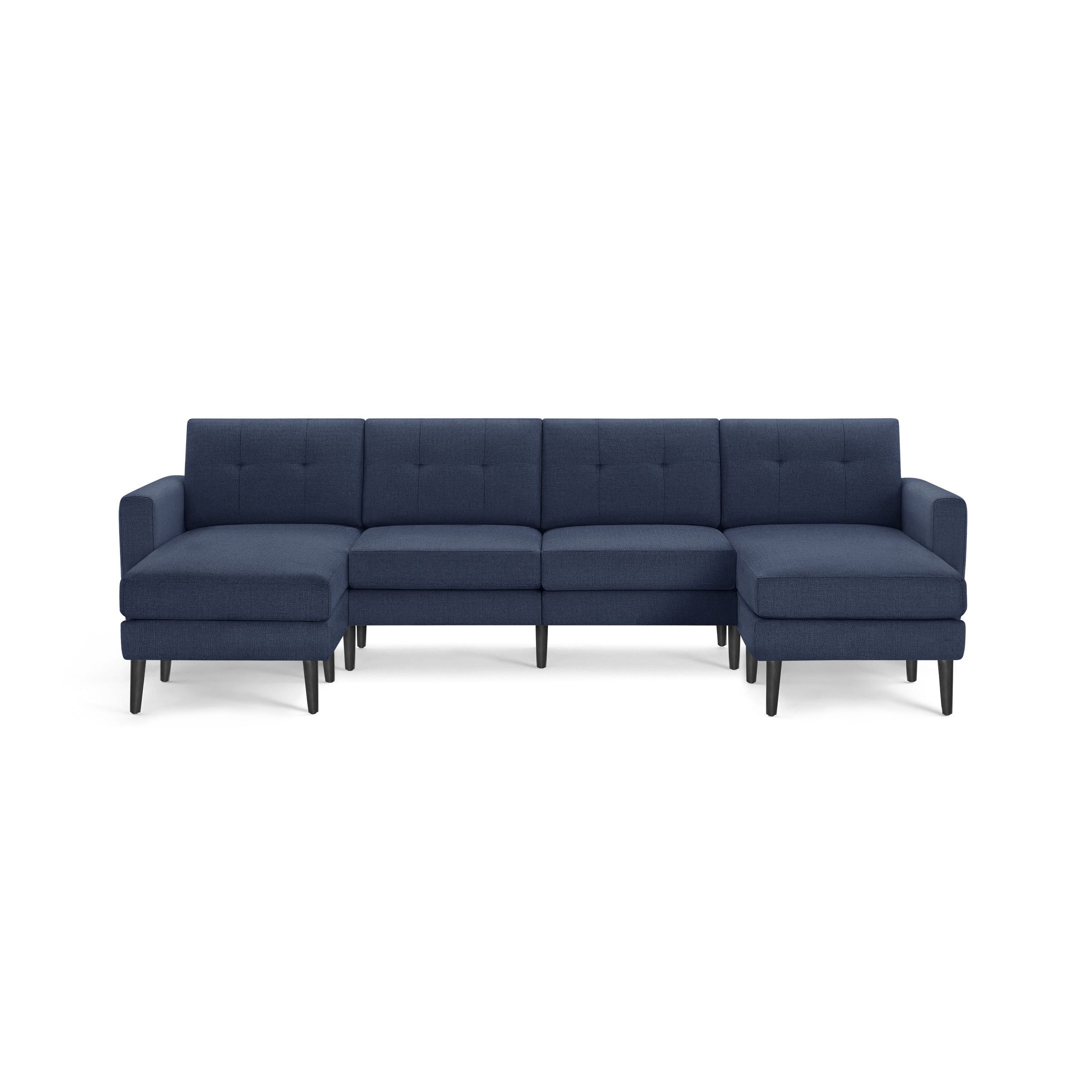 Modern navy blue fabric sectional sofa with tufted back cushions and black wooden legs, featuring left and right chaise lounges.