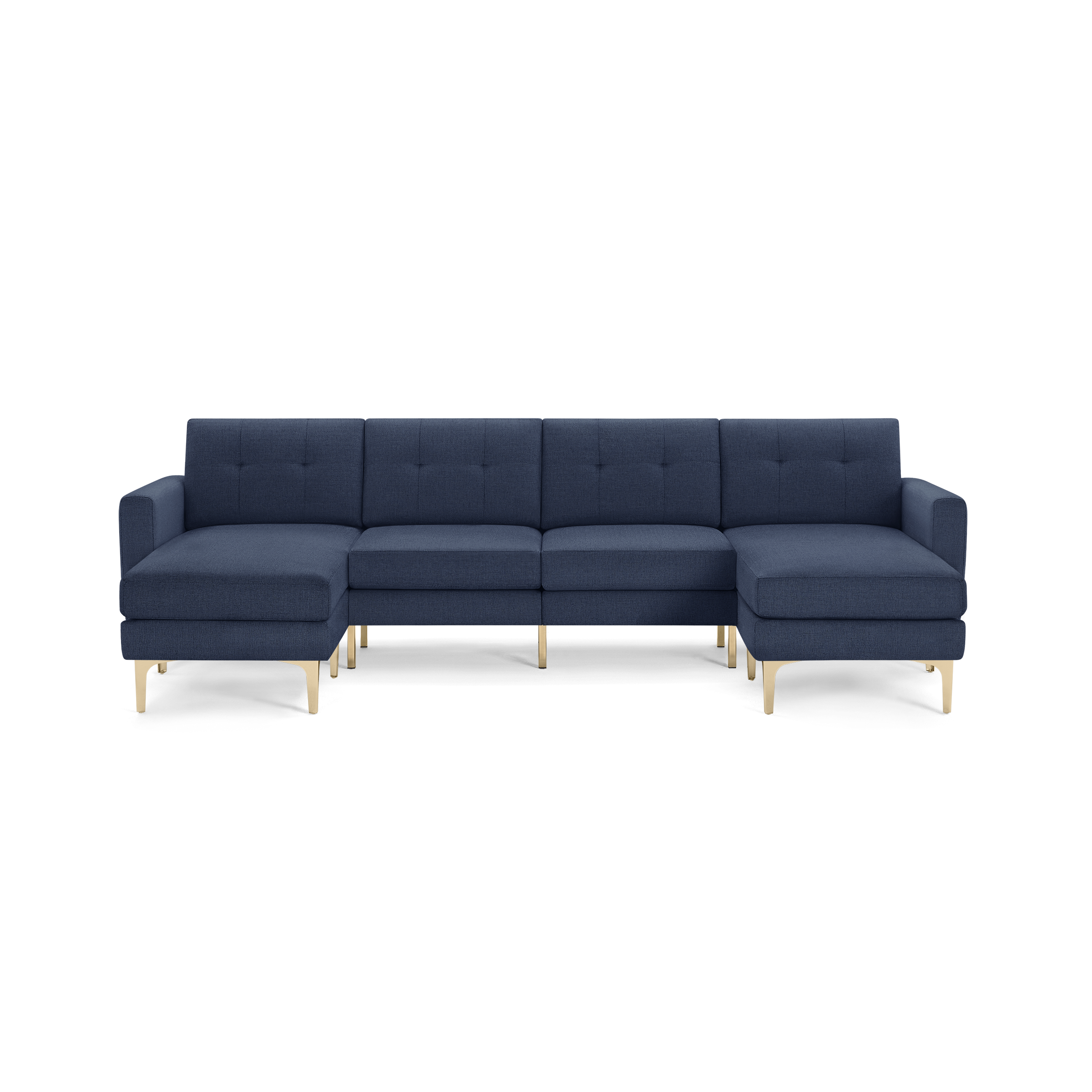 Modern sectional sofa with navy blue fabric upholstery, tufted back cushions, gold metal legs, left and right chaise ends.