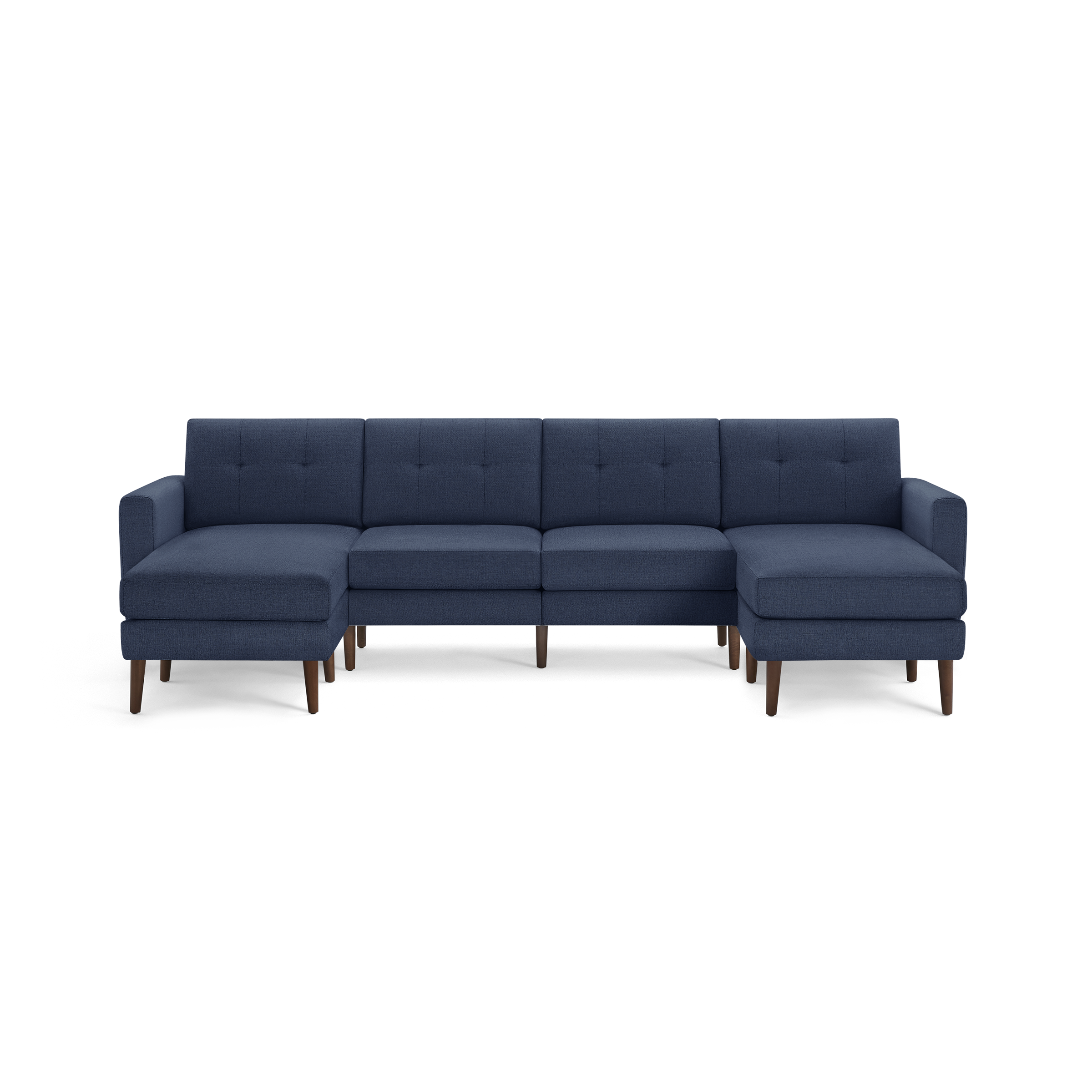 Modern navy blue sectional sofa with tufted back cushions, wooden tapered legs, and symmetrical chaise lounges on both ends.
