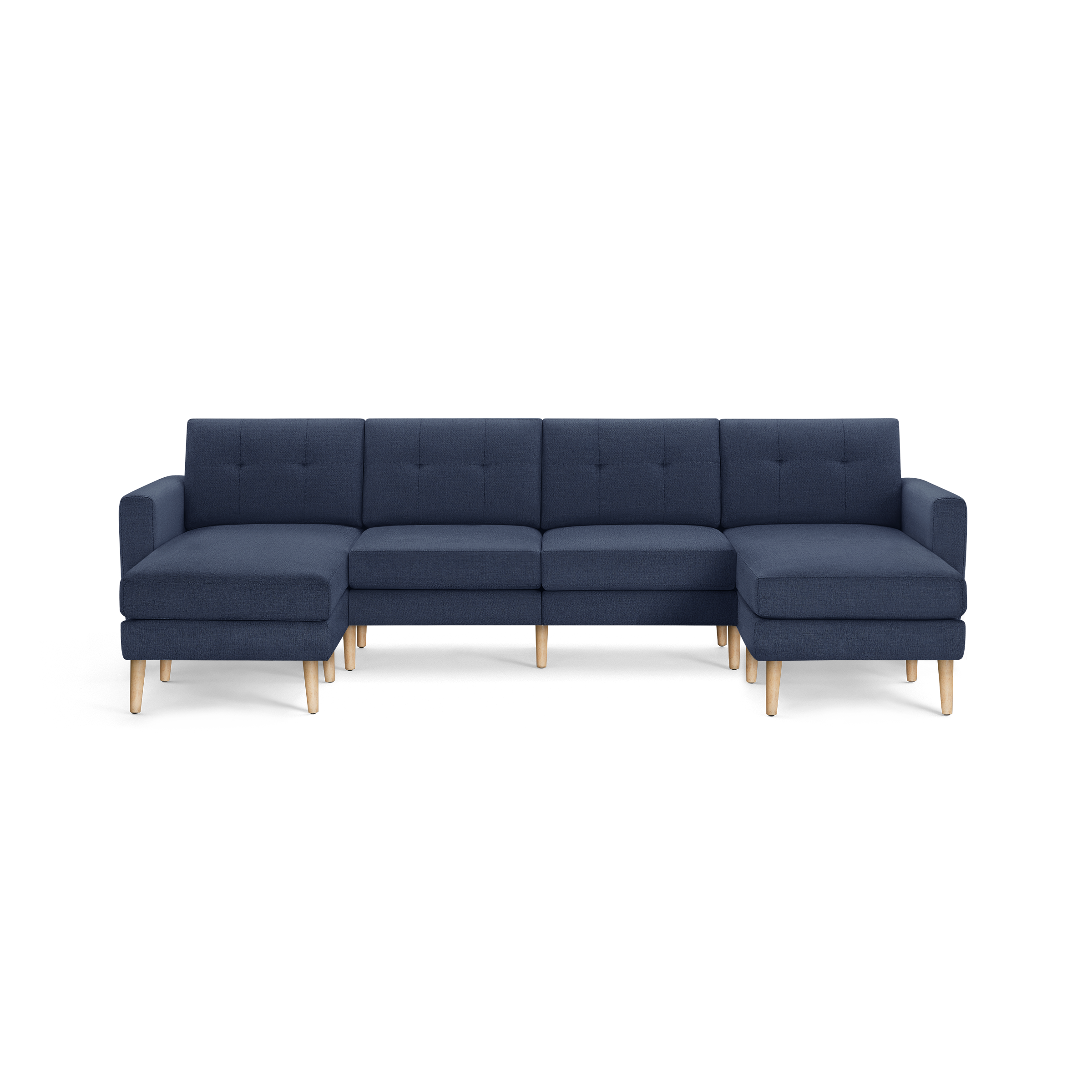 Large modern navy blue fabric sectional sofa with tufted cushions and light wooden legs, featuring left and right chaise lounge ends.