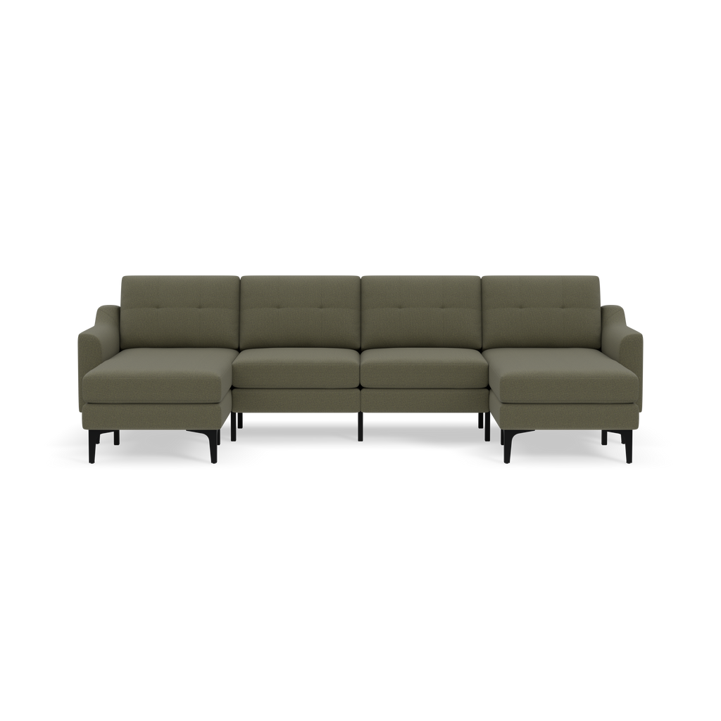Modern Moss green sectional sofa with tufted back cushions, black legs, and chaise lounges on both ends, isolated on black background.