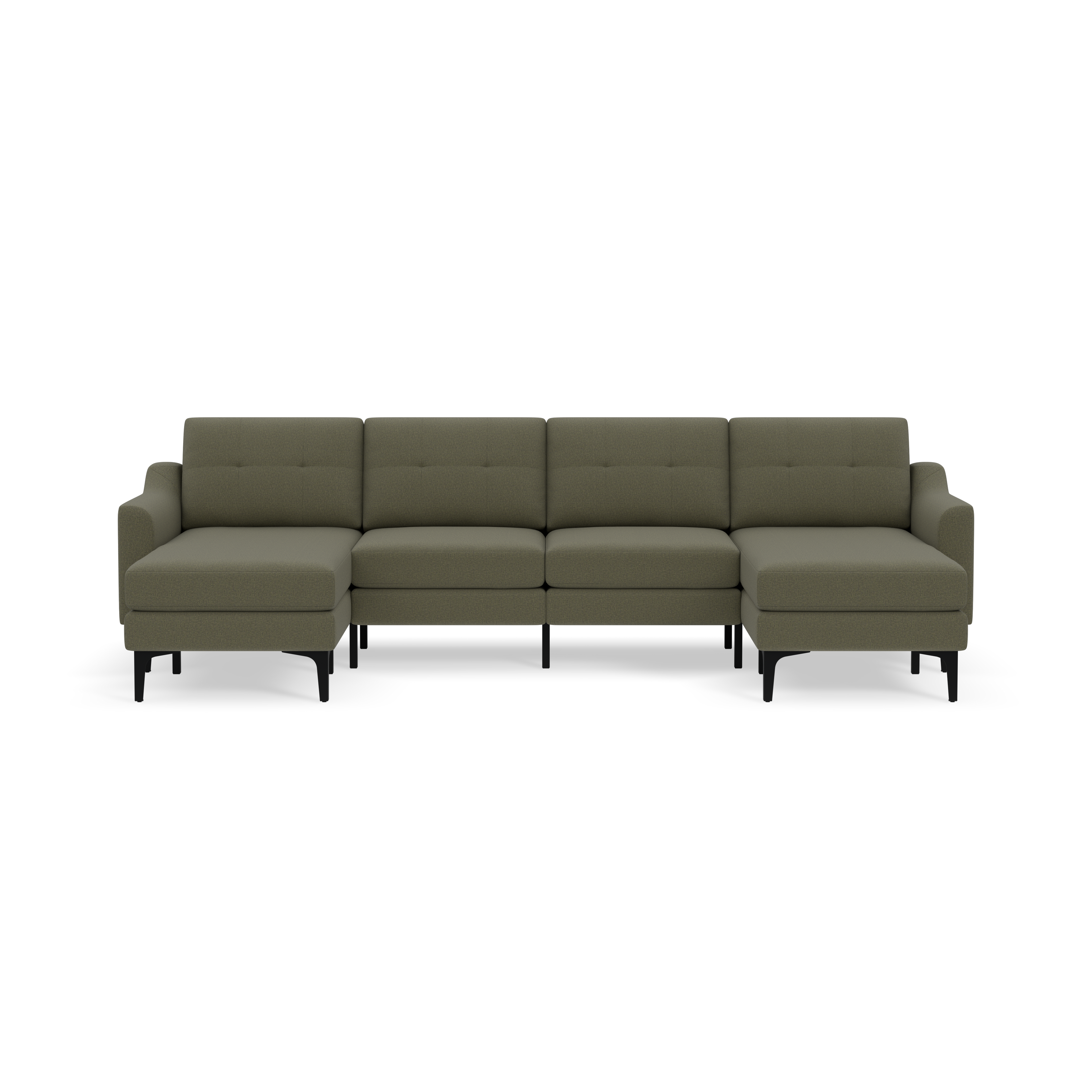 Modern Moss green sectional sofa with tufted back cushions, black legs, and chaise lounges on both ends, isolated on black background.