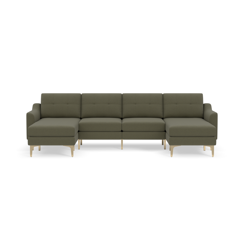 Modern Moss green sectional sofa with tufted back cushions, slim armrests, and light wooden legs on a black background.