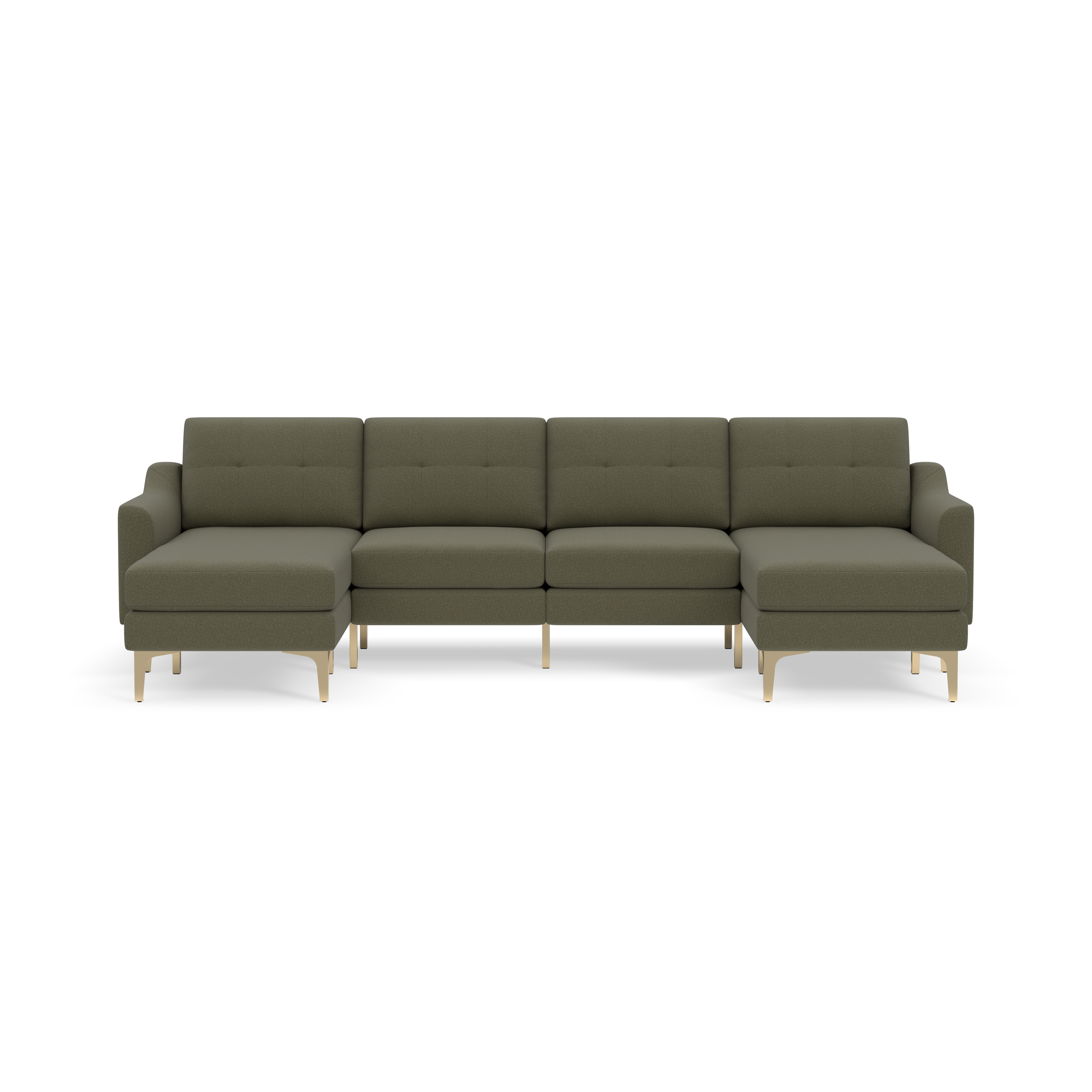 Modern Moss green sectional sofa with tufted back cushions, slim armrests, and light wooden legs on a black background.