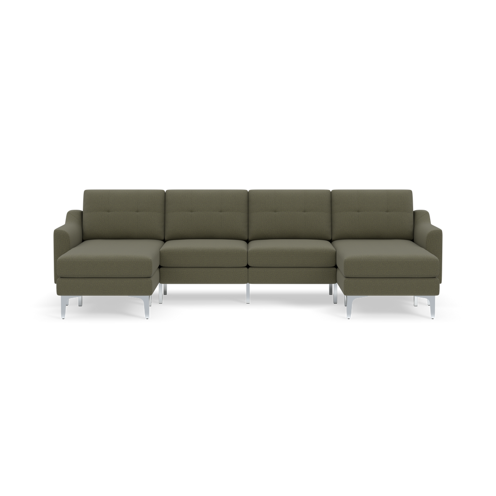 Modern Moss green sectional sofa with metal legs and tufted back cushions, featuring left and right chaise ends.
