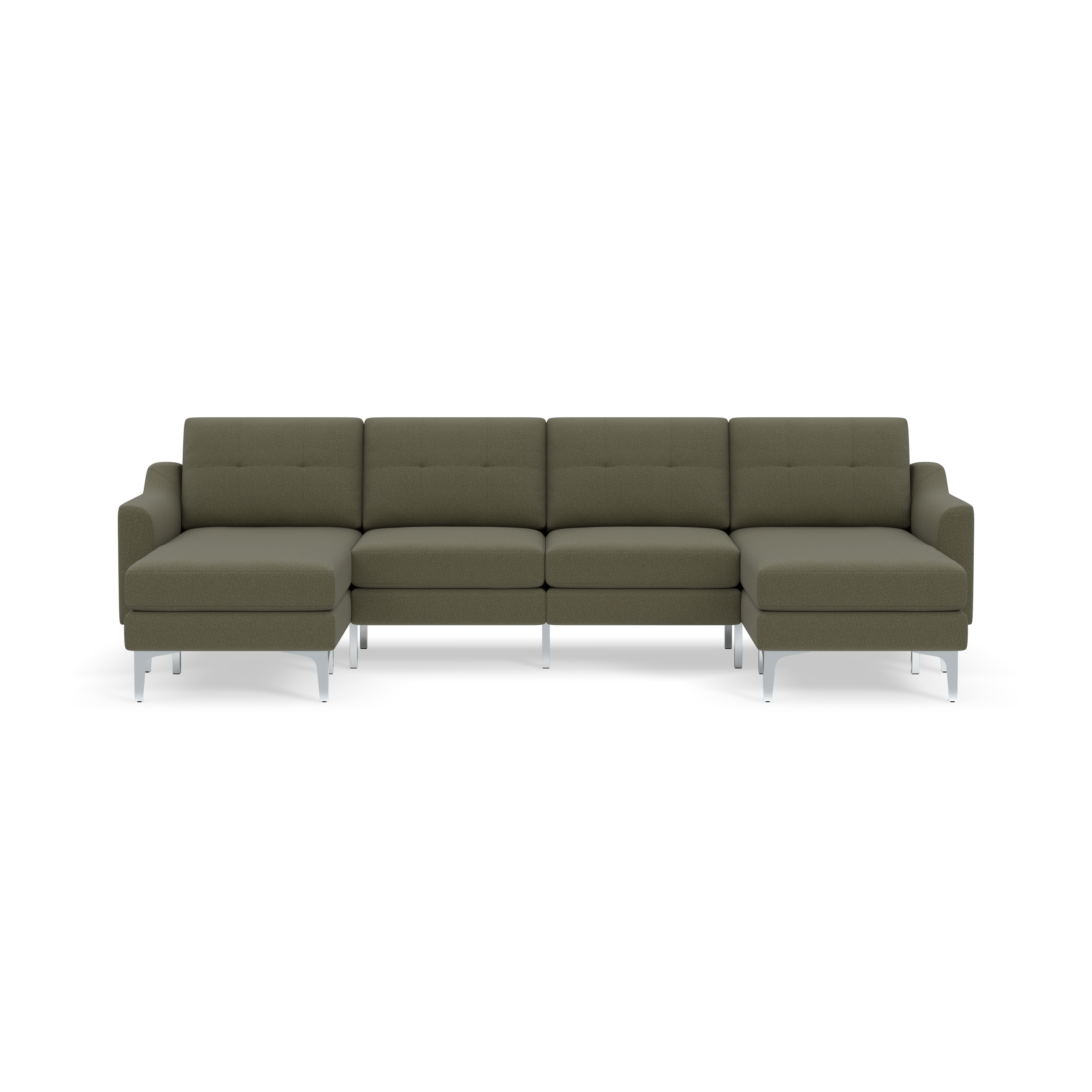 Modern Moss green sectional sofa with metal legs and tufted back cushions, featuring left and right chaise ends.