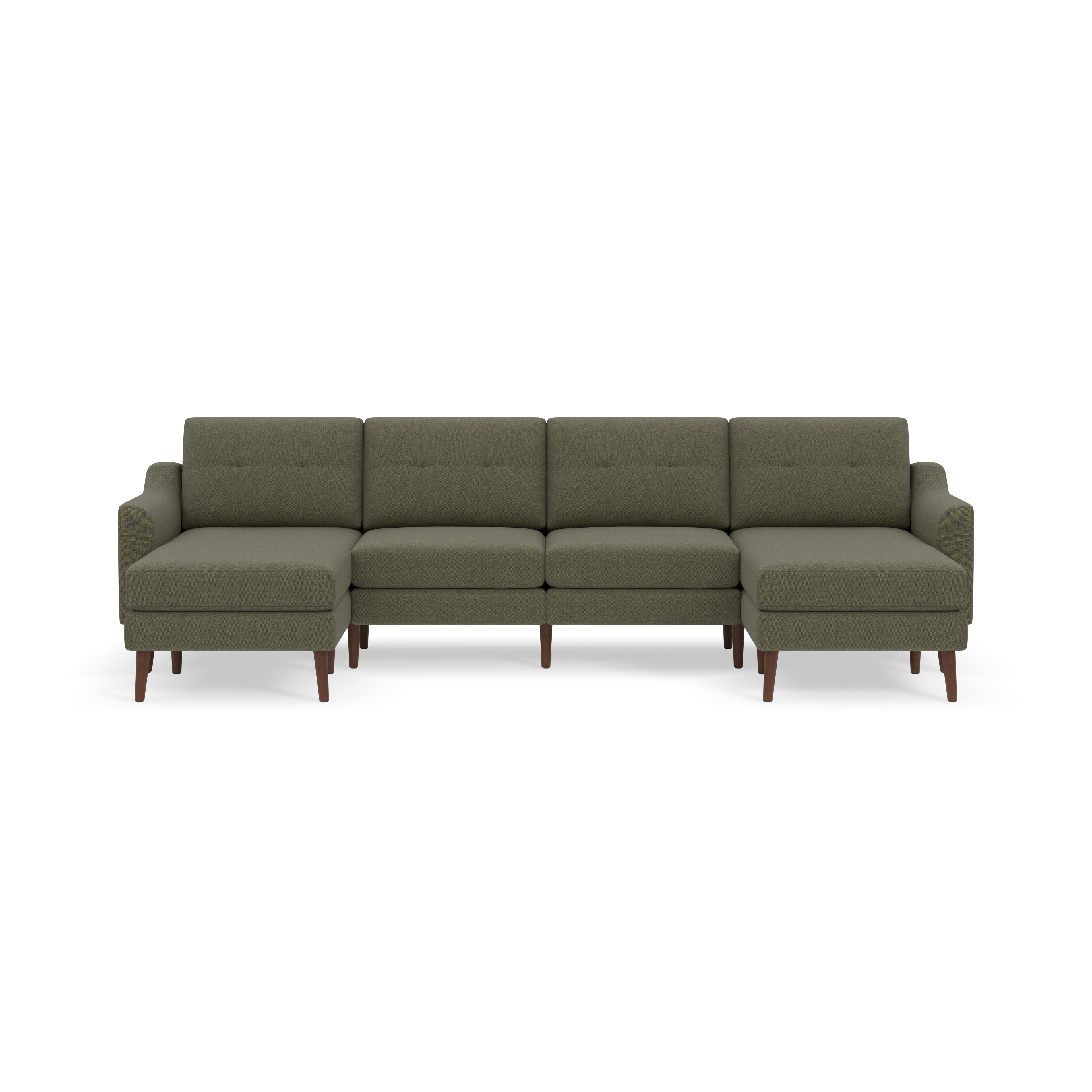 Large Moss green sectional sofa with wooden legs, tufted back cushions, and chaise lounges on both ends against black background.