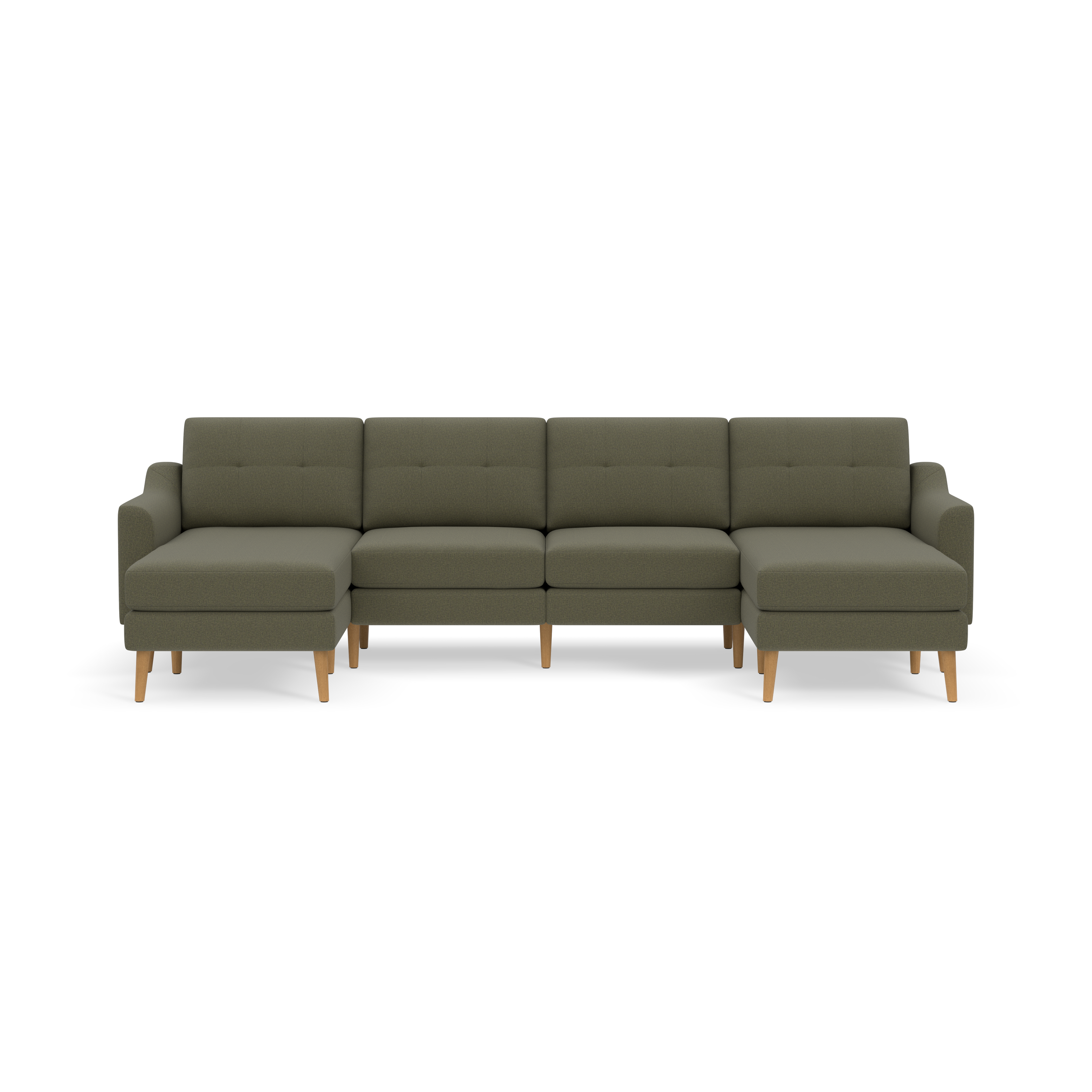 Modern Moss green sectional sofa with wooden legs, featuring two chaise lounges on each end and tufted back cushions.