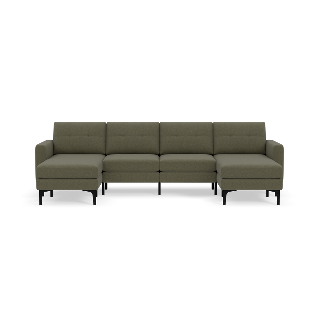 Modern Moss green sectional sofa with chaise lounges on both ends, featuring black legs and tufted back cushions.