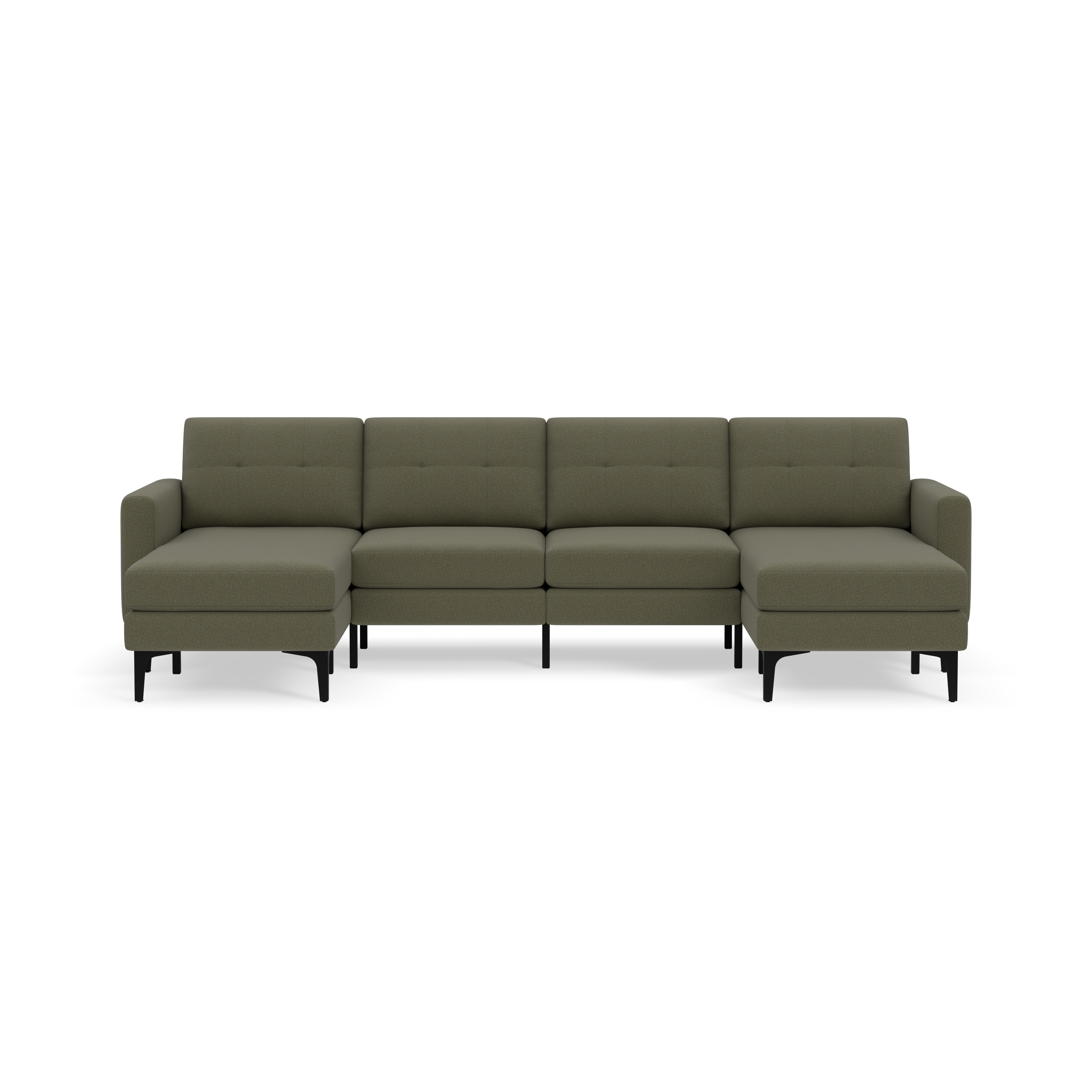 Modern Moss green sectional sofa with chaise lounges on both ends, featuring black legs and tufted back cushions.