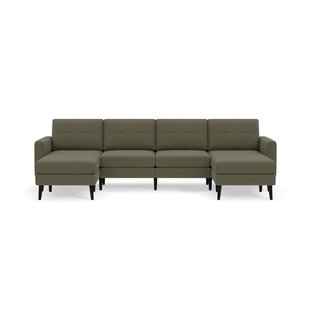 Modern Moss green fabric sectional sofa with tufted back cushions, black tapered legs, and symmetrical chaise lounges on both ends.