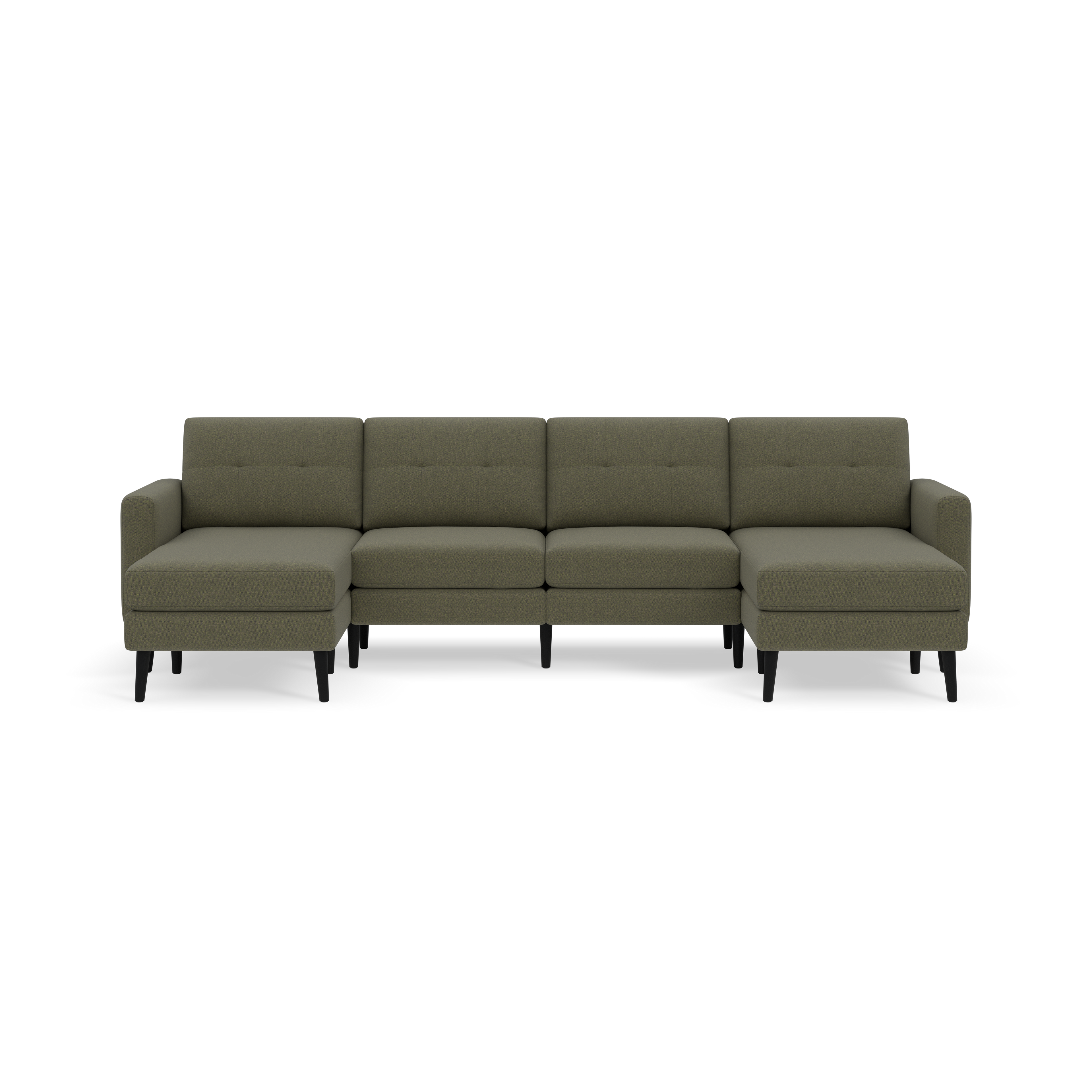 Modern Moss green fabric sectional sofa with tufted back cushions, black tapered legs, and symmetrical chaise lounges on both ends.