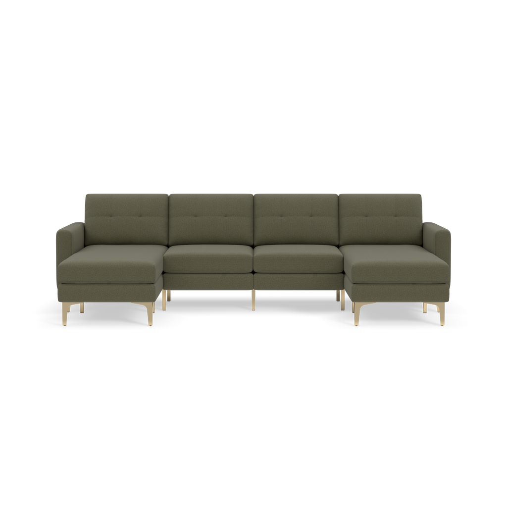 Modern Moss green sectional sofa with chaise lounges on both ends, tufted back cushions, and light wooden legs.