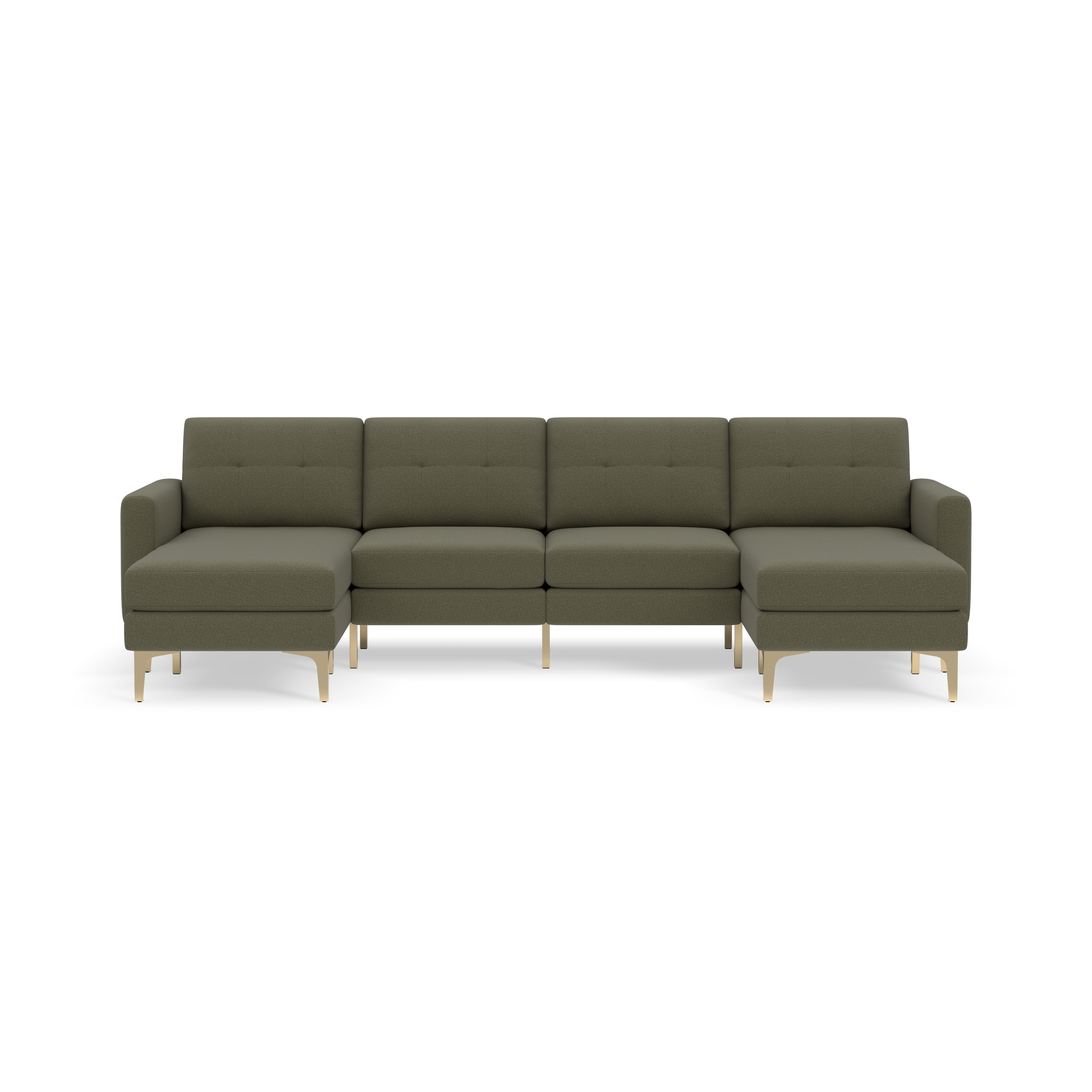 Modern Moss green sectional sofa with chaise lounges on both ends, tufted back cushions, and light wooden legs.