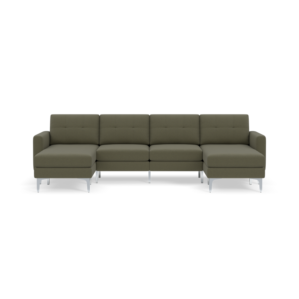Modern sectional sofa with Moss green fabric upholstery, tufted cushions, metal legs, and symmetrical chaise ends.