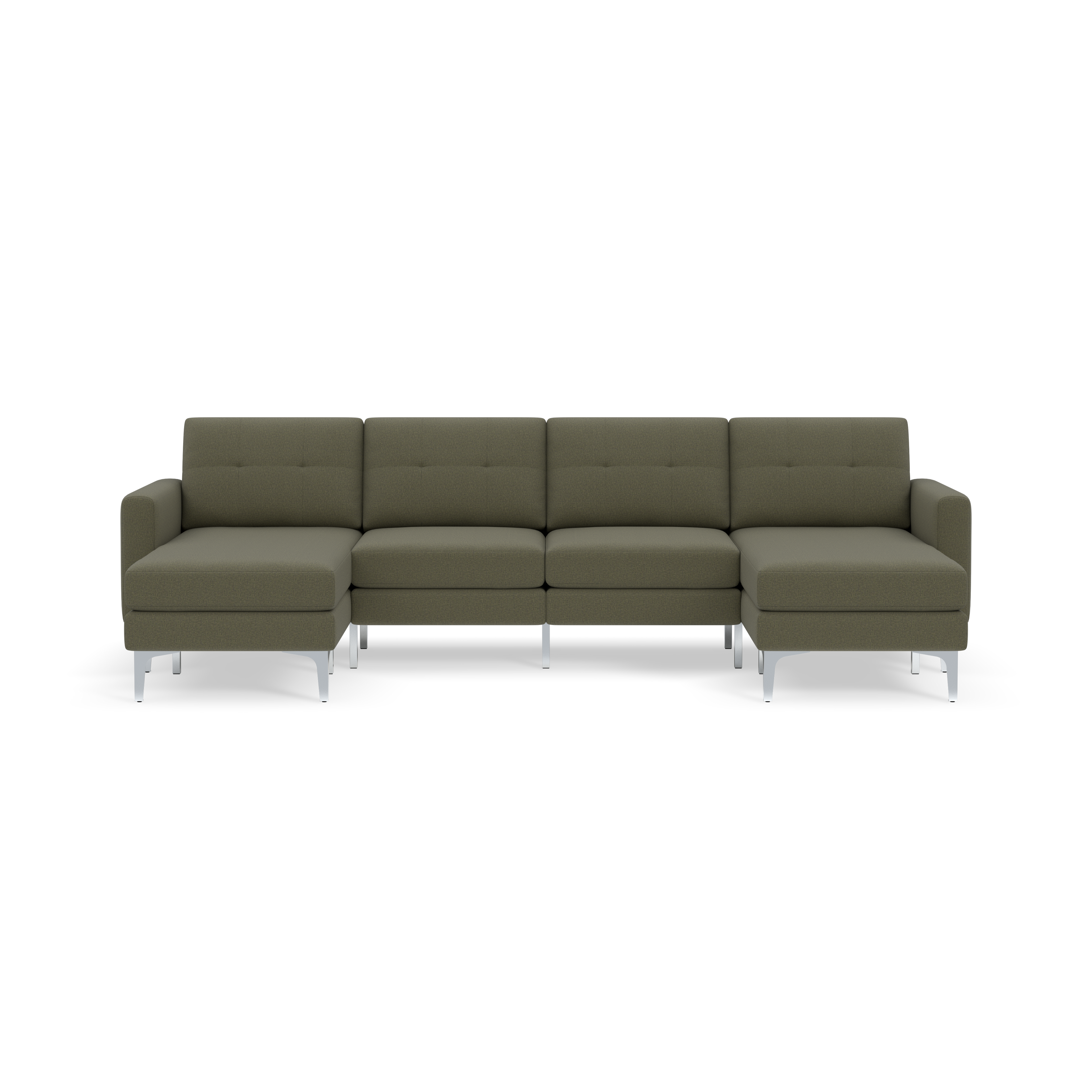 Modern sectional sofa with Moss green fabric upholstery, tufted cushions, metal legs, and symmetrical chaise ends.