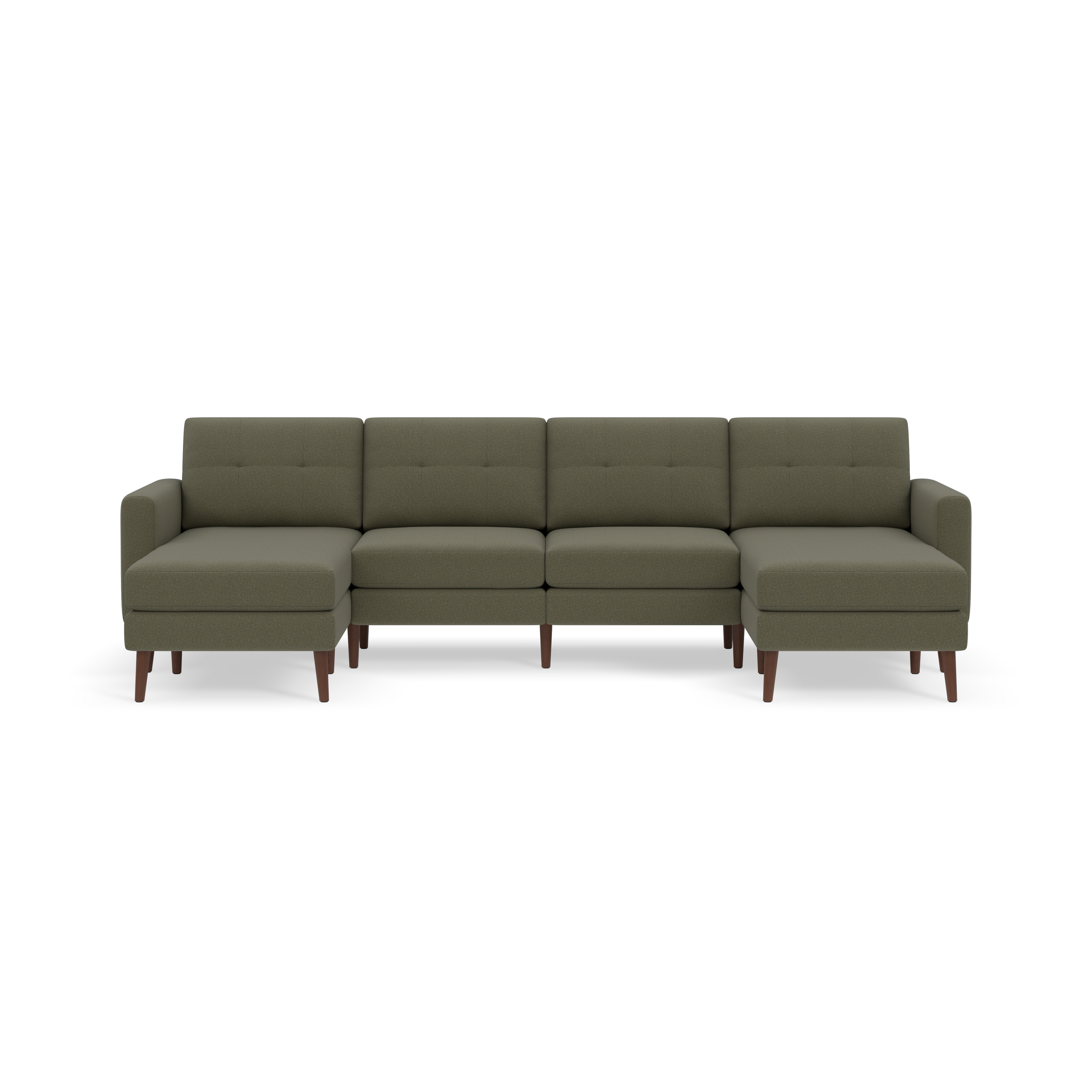 Green sectional sofa with tufted backrests, wooden legs, and chaise lounges on both ends against a black background.