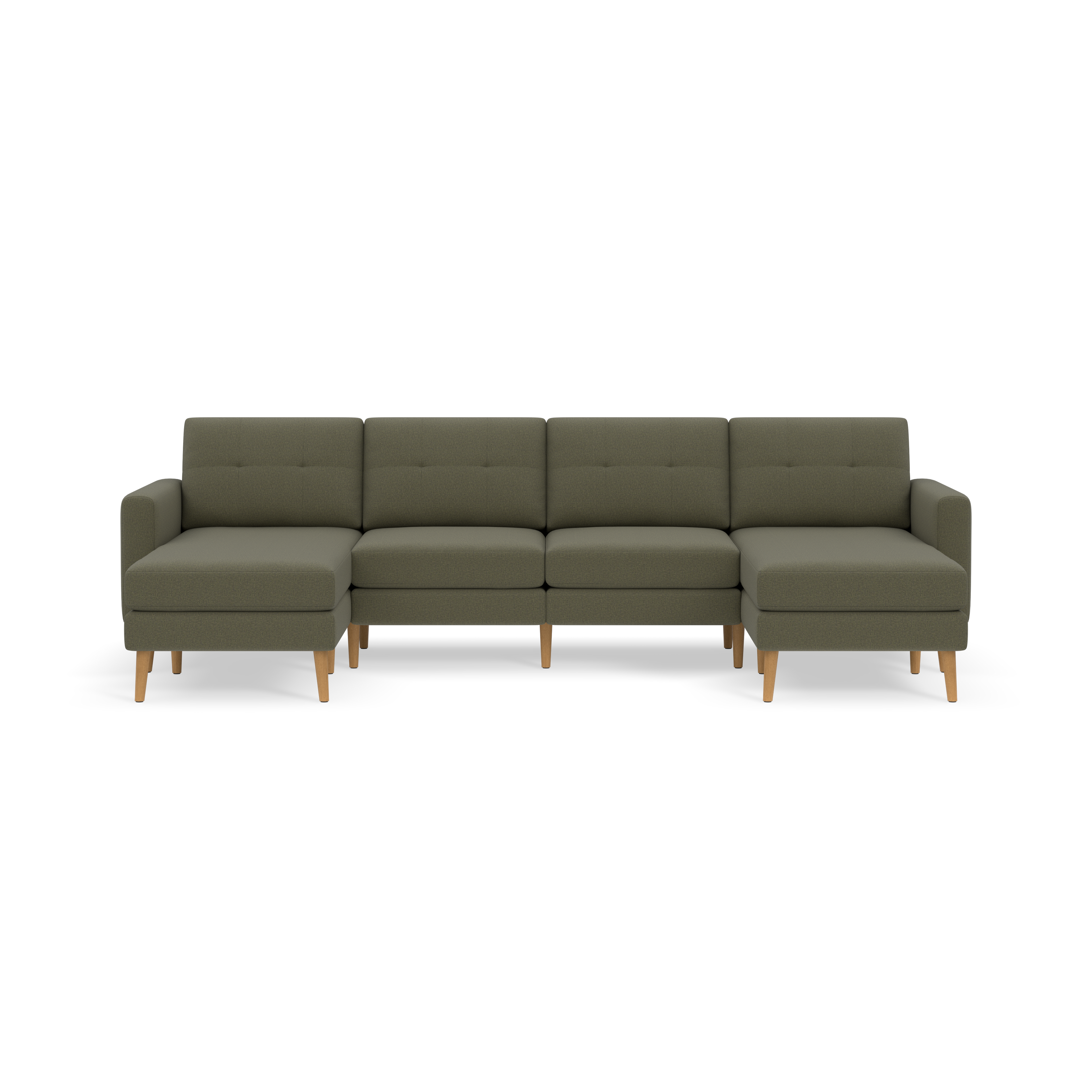Moss green modern sectional sofa with tufted cushions, wooden legs, and two chaise lounge ends against a black background.